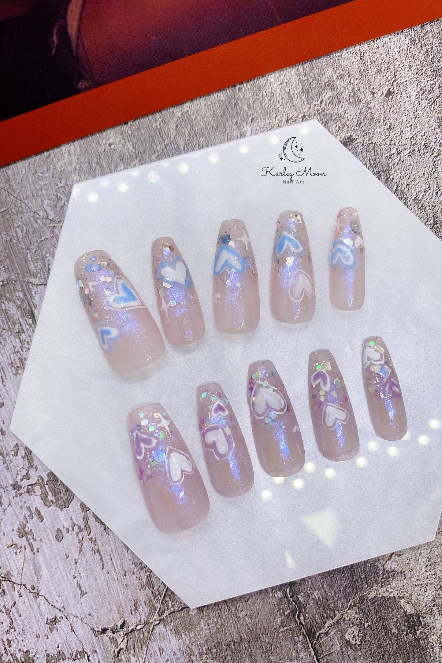 Cute Purple Blue Glitter Heart Press On Nails - KarleyMoonNail