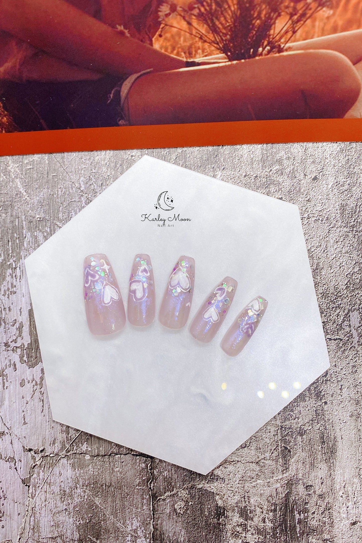Cute Purple Blue Glitter Heart Press On Nails - KarleyMoonNail