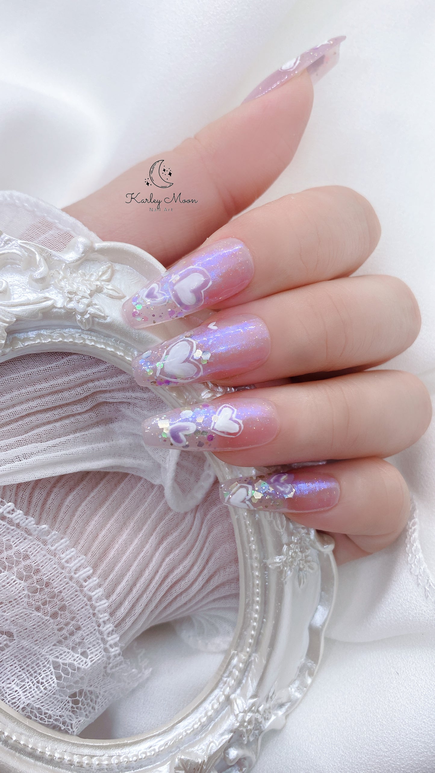 Cute Purple Blue Glitter Heart Press On Nails - KarleyMoonNail