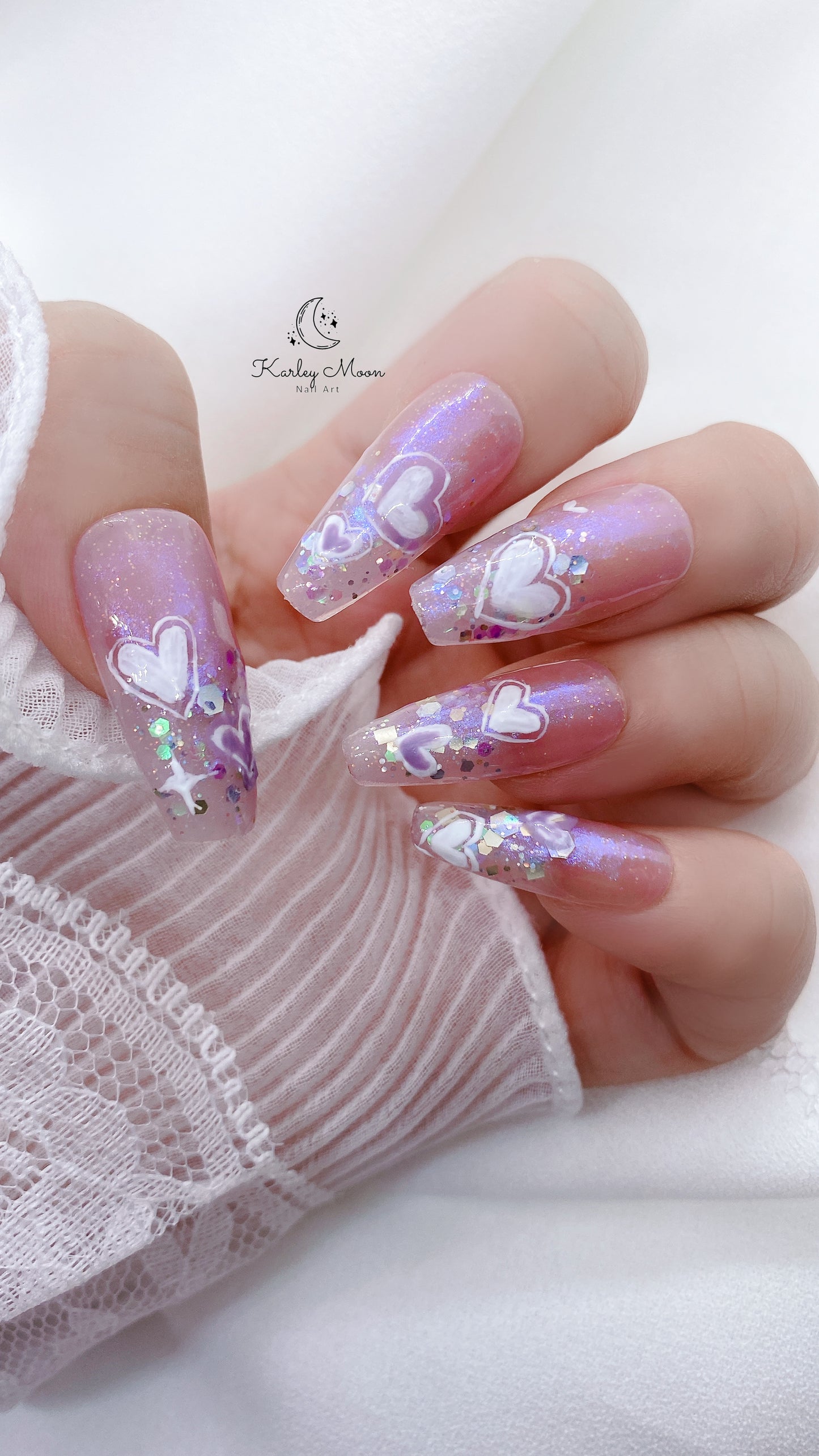 Cute Purple Blue Glitter Heart Press On Nails - KarleyMoonNail