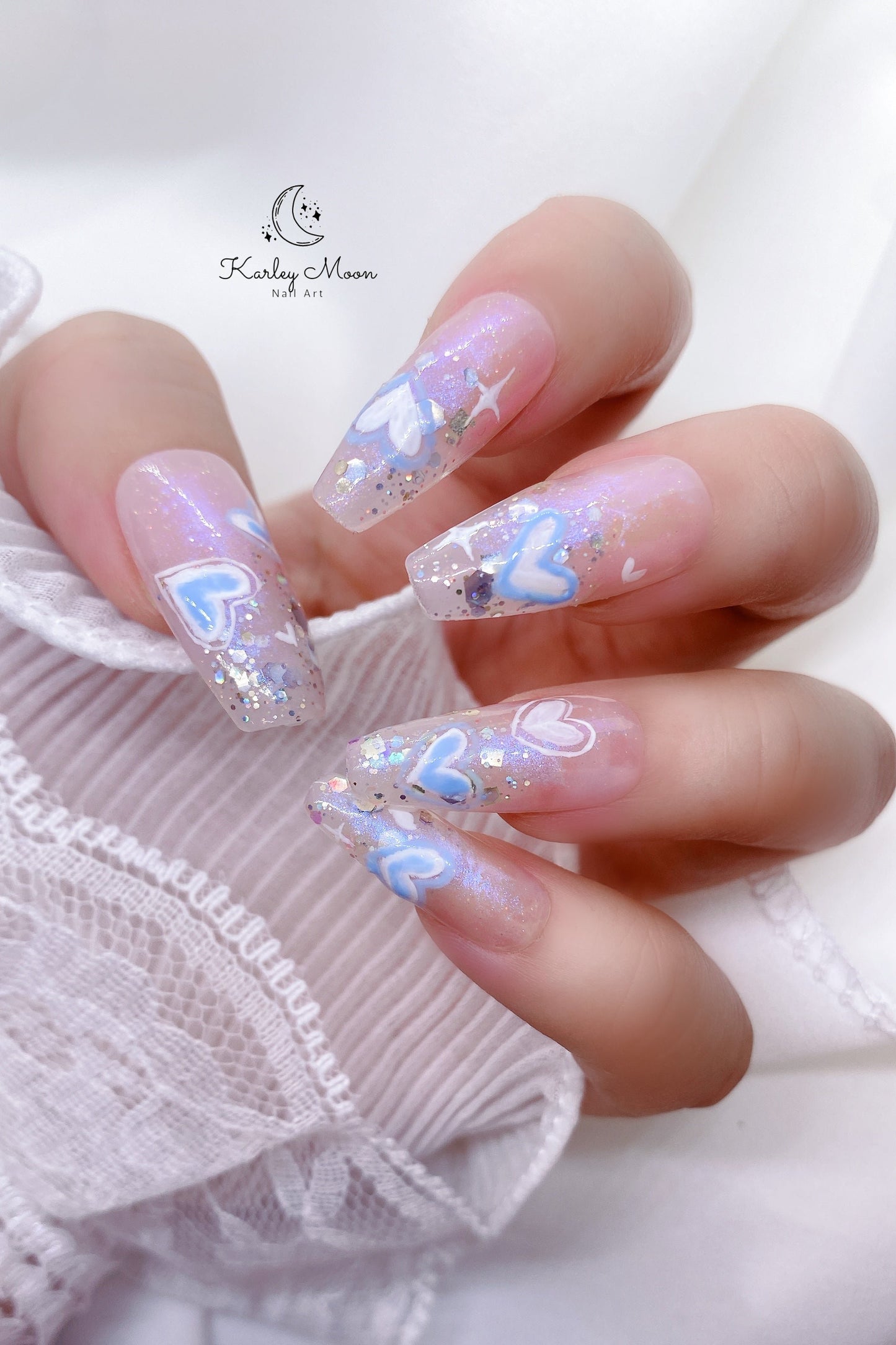 Cute Purple Blue Glitter Heart Press On Nails - KarleyMoonNail