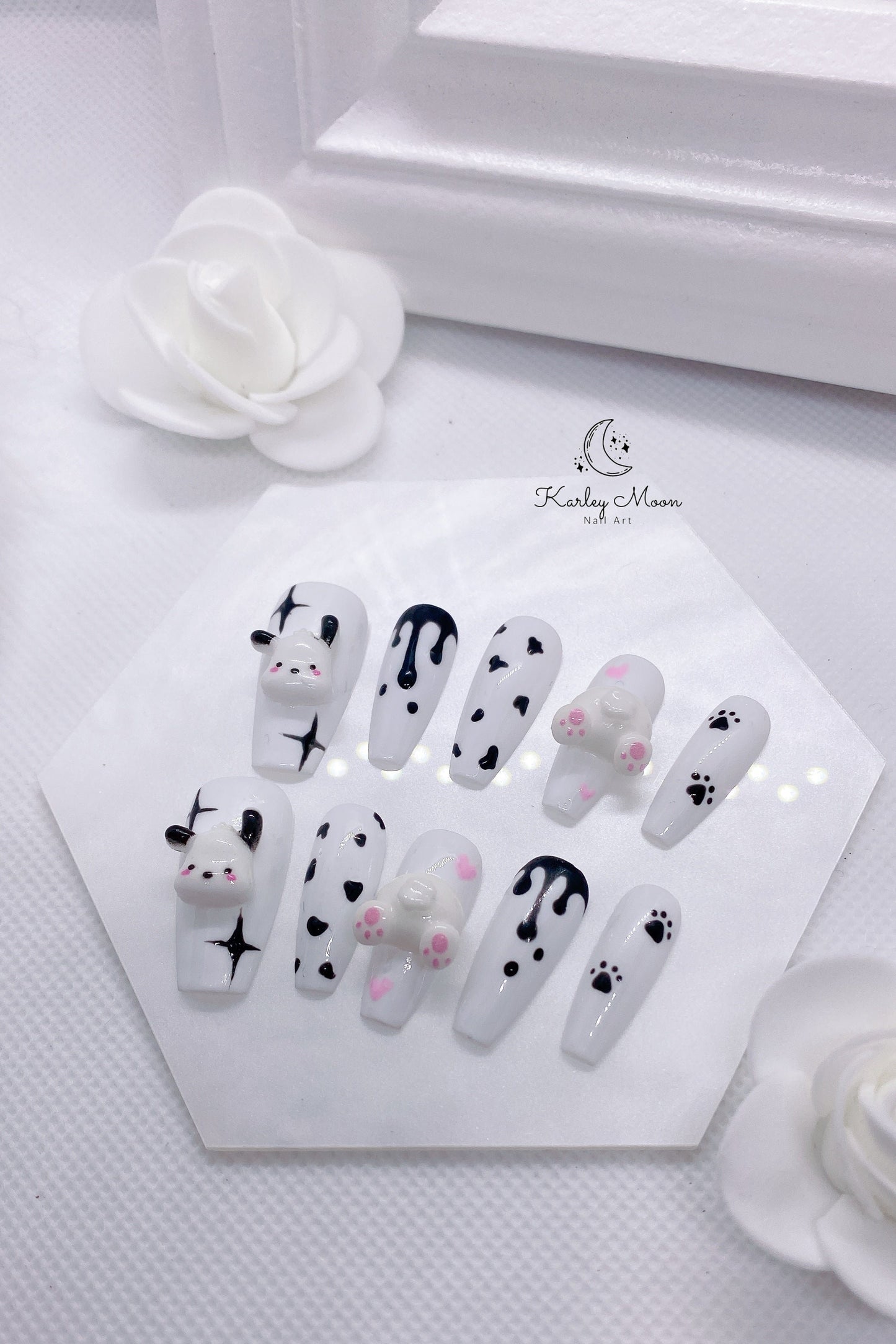 Kawaii White & Black Cartoon Pochacco Press On Nails - KarleyMoonNail