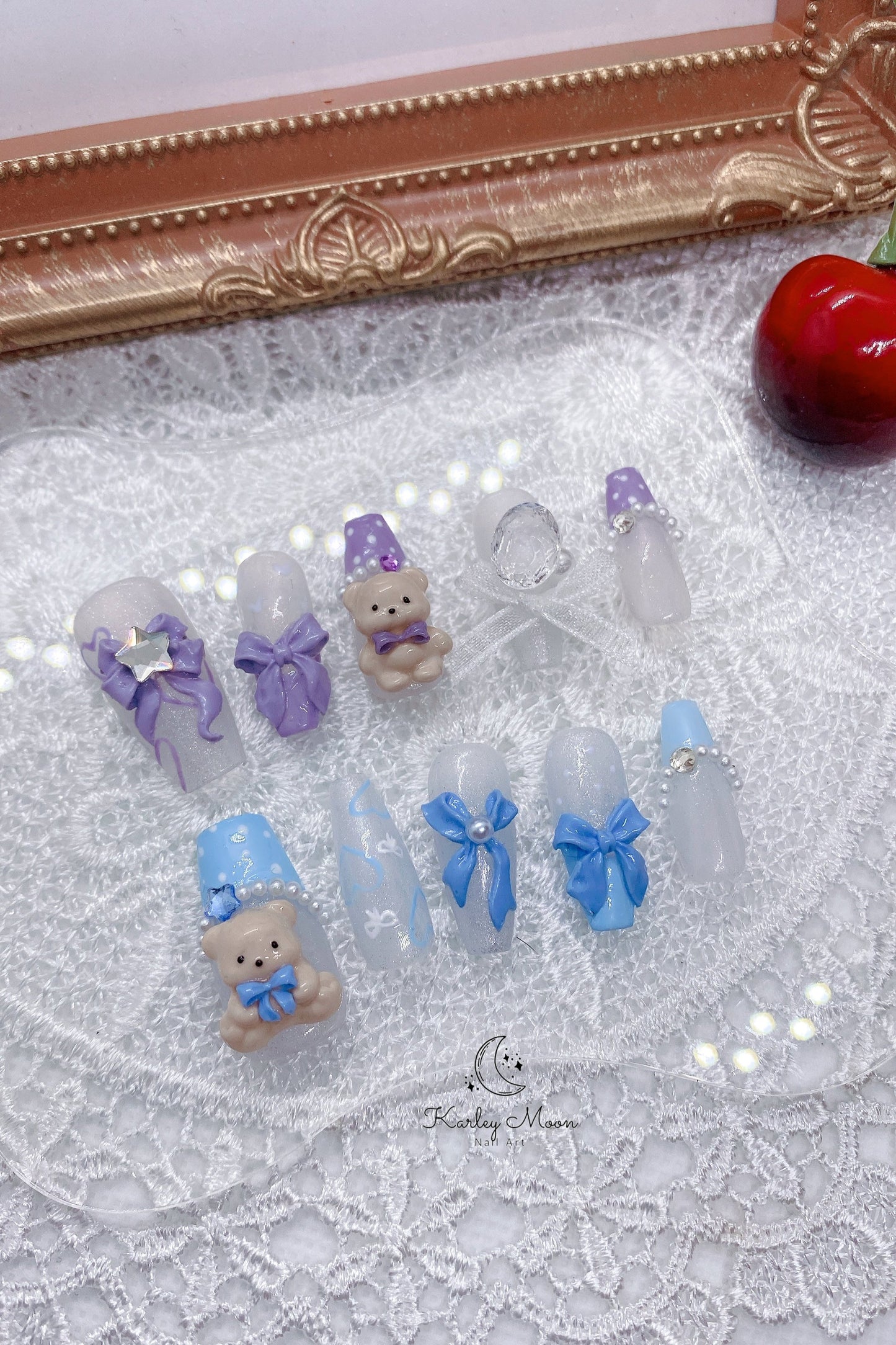 Kawaii Sparkle White Glitter Teddy Bear Press On Nails - KarleyMoonNail