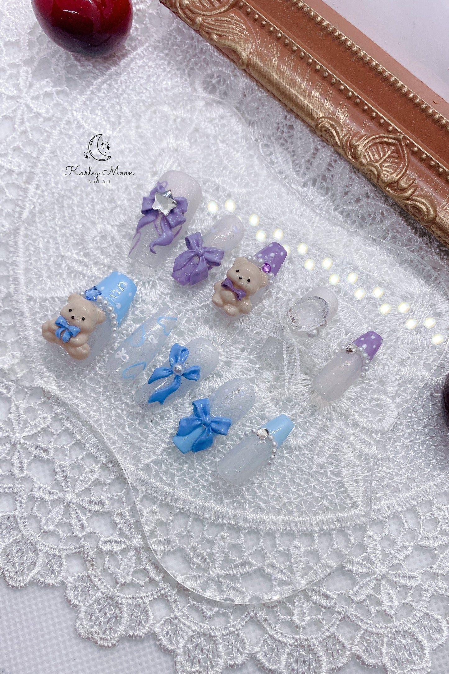 Kawaii Sparkle White Glitter Teddy Bear Press On Nails - KarleyMoonNail