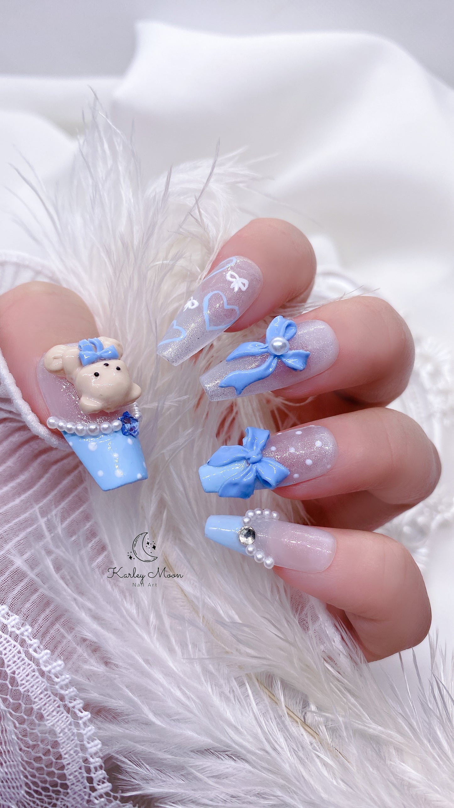 Kawaii Sparkle White Glitter Teddy Bear Press On Nails - KarleyMoonNail