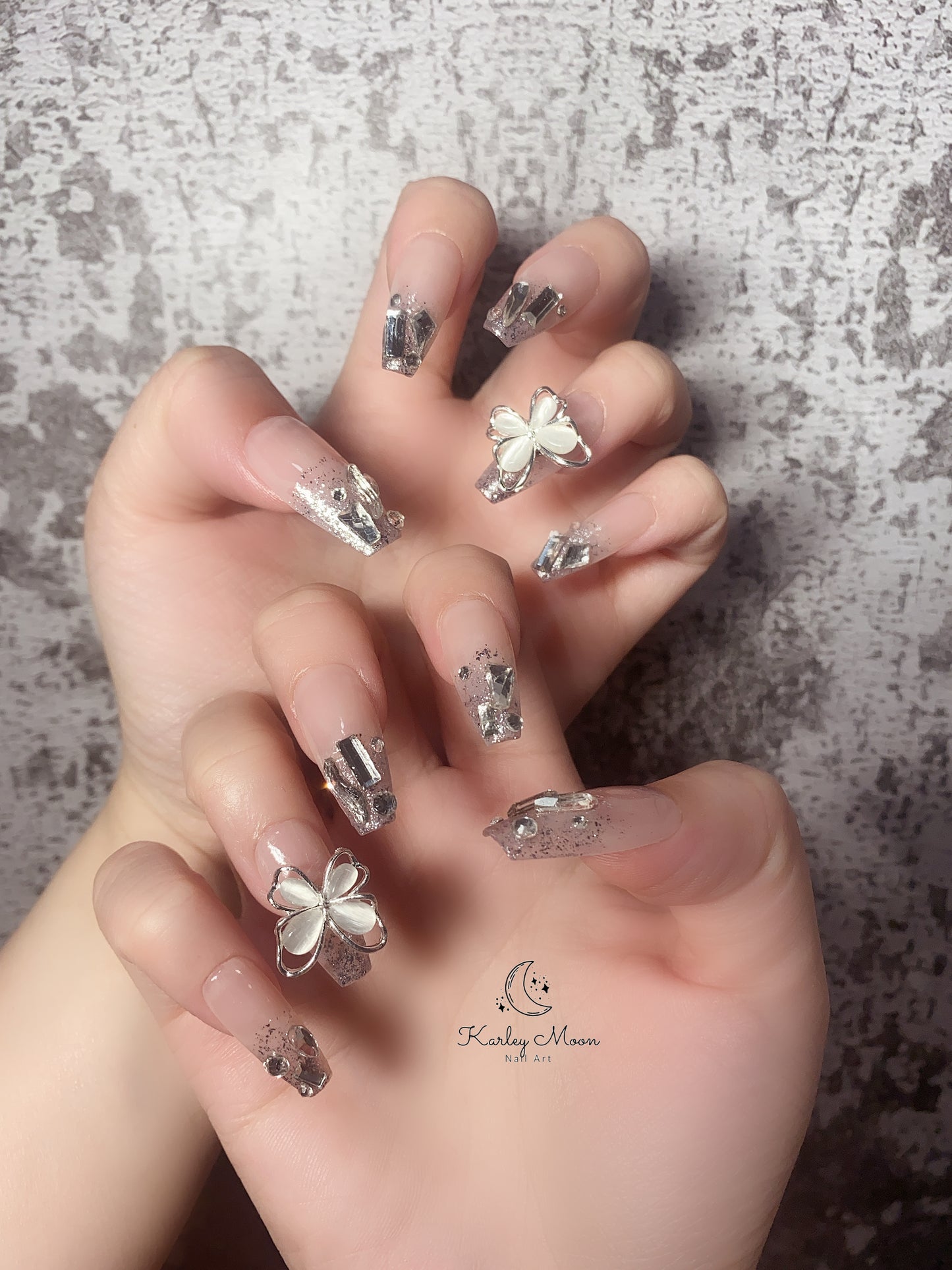 Glitter Nude Color Rhinestone Crystal Press On Nails - KarleyMoonNail