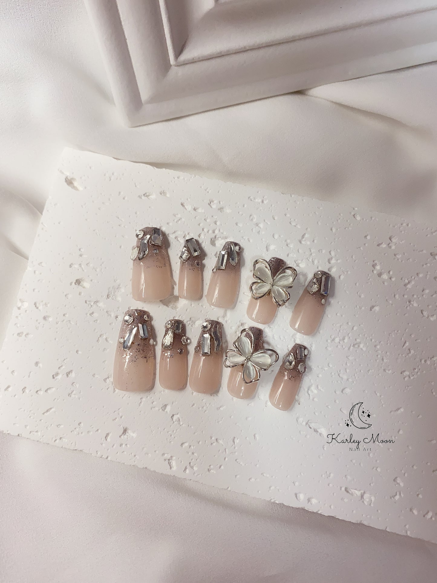 Glitter Nude Color Rhinestone Crystal Press On Nails - KarleyMoonNail