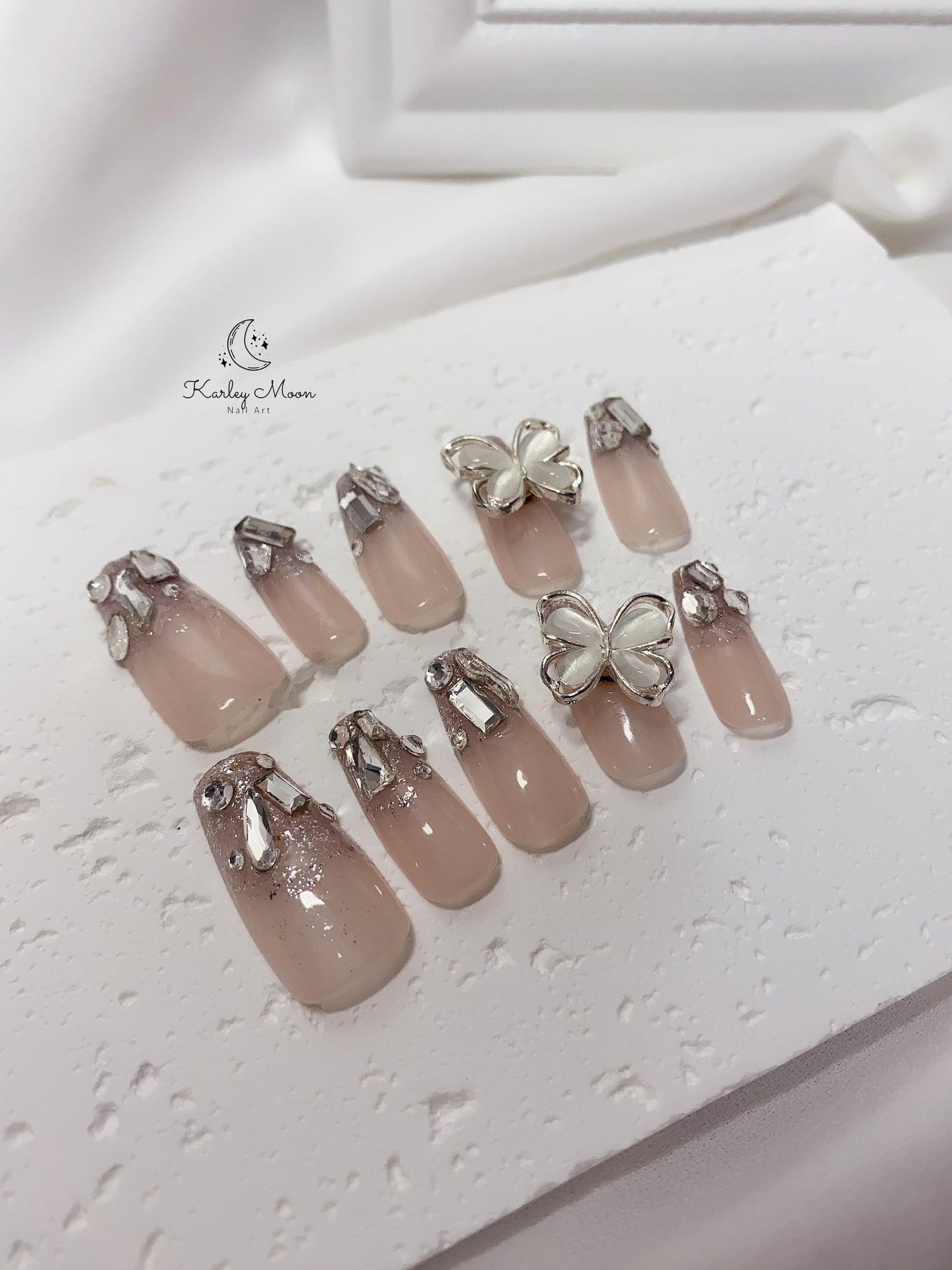 Glitter Nude Color Rhinestone Crystal Press On Nails - KarleyMoonNail