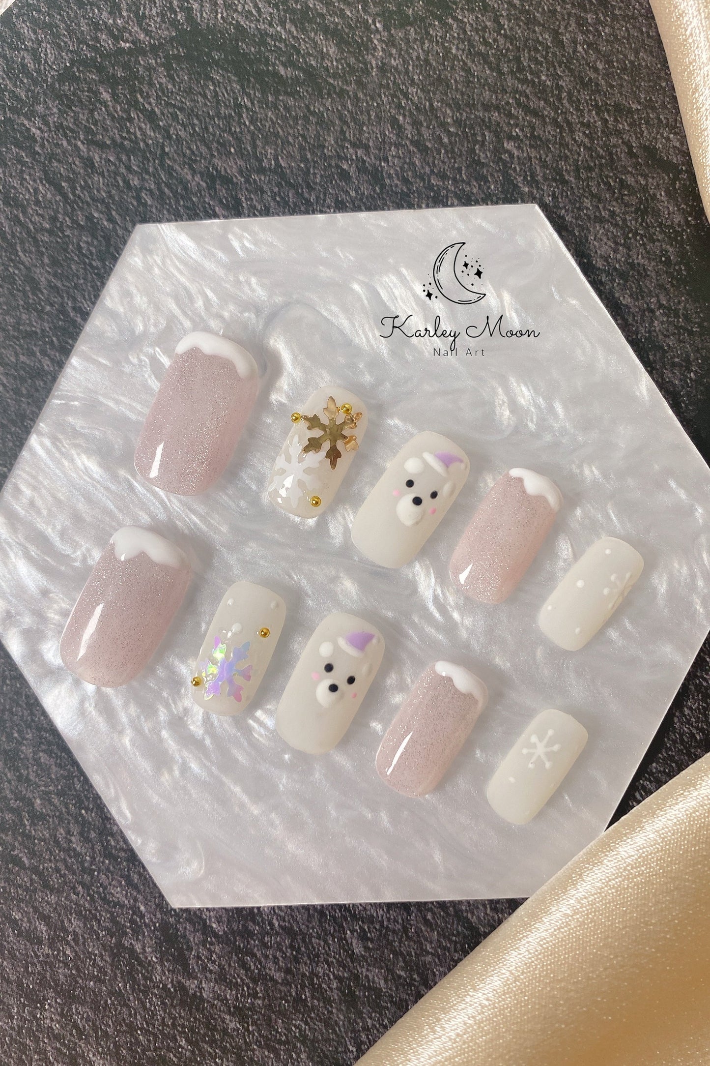 Holiday Jelly White Snowflake Bear Winter Press On Nails - KarleyMoonNail
