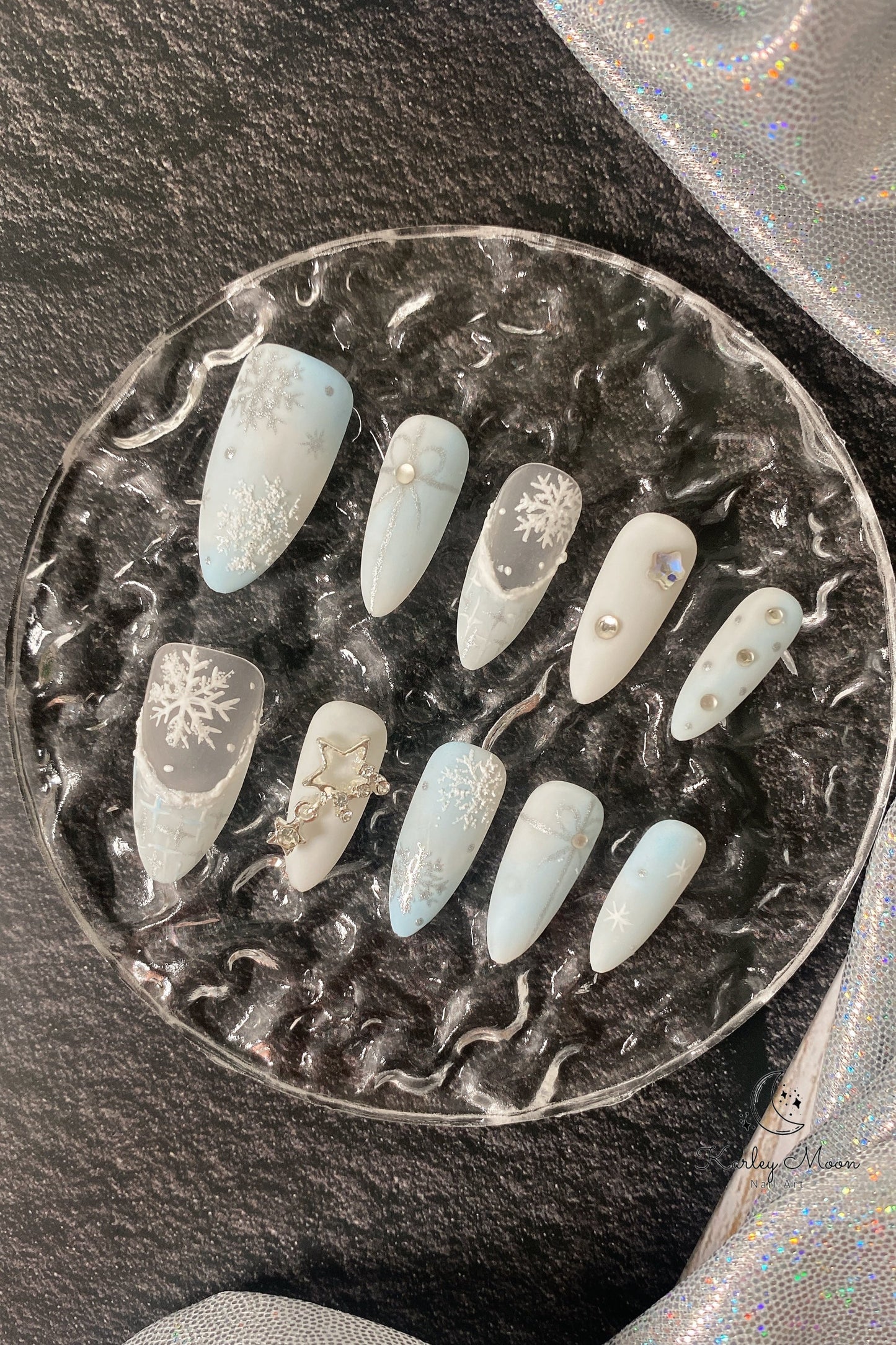 Holiday Christmas Light Blue Snow Glitter Winter Press On Nails - KarleyMoonNail
