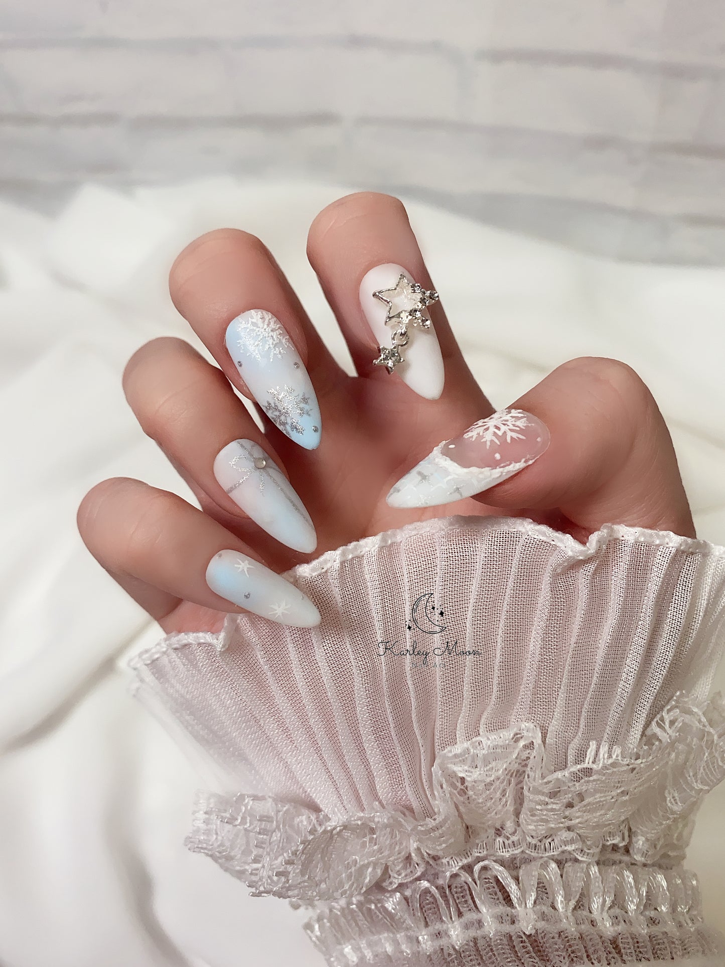 Holiday Christmas Light Blue Snow Glitter Winter Press On Nails - KarleyMoonNail
