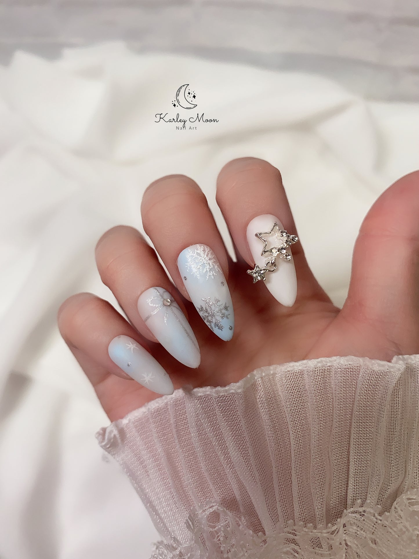 Holiday Christmas Light Blue Snow Glitter Winter Press On Nails - KarleyMoonNail