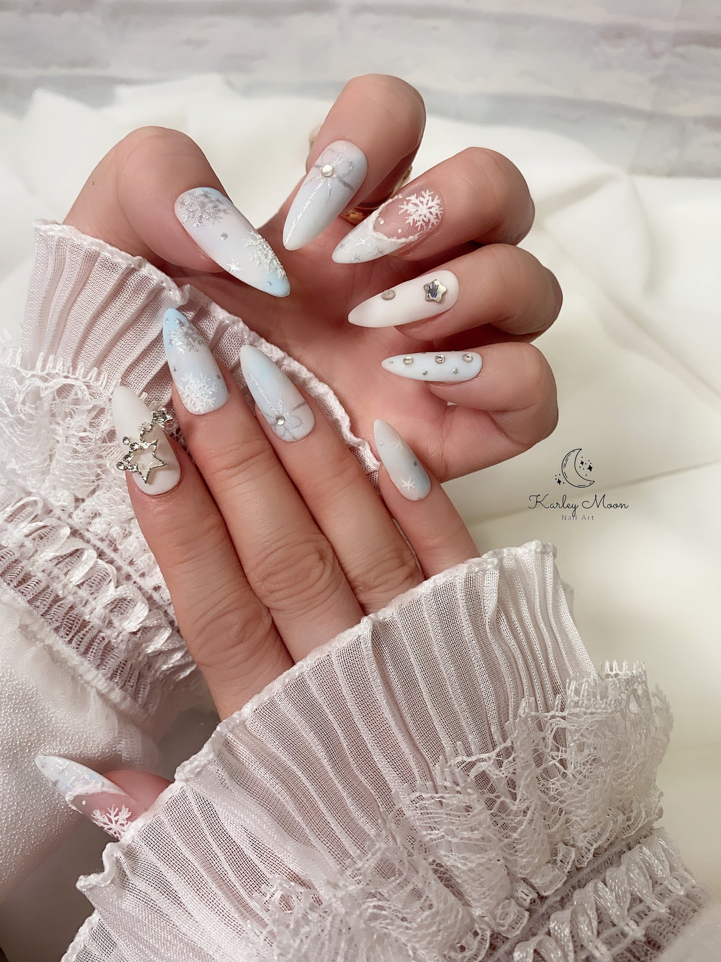 Holiday Christmas Light Blue Snow Glitter Winter Press On Nails - KarleyMoonNail