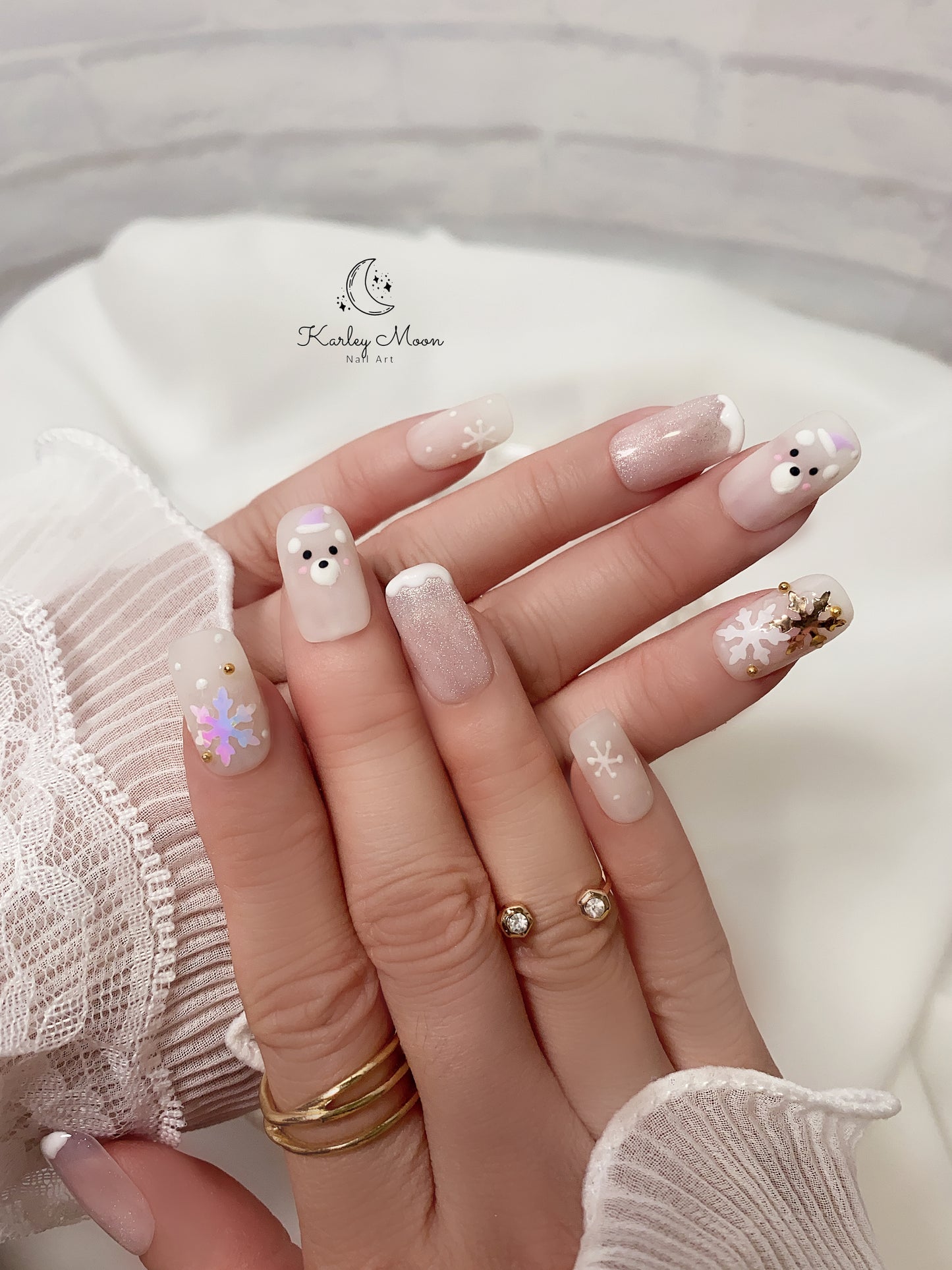 Holiday Jelly White Snowflake Bear Winter Press On Nails - KarleyMoonNail