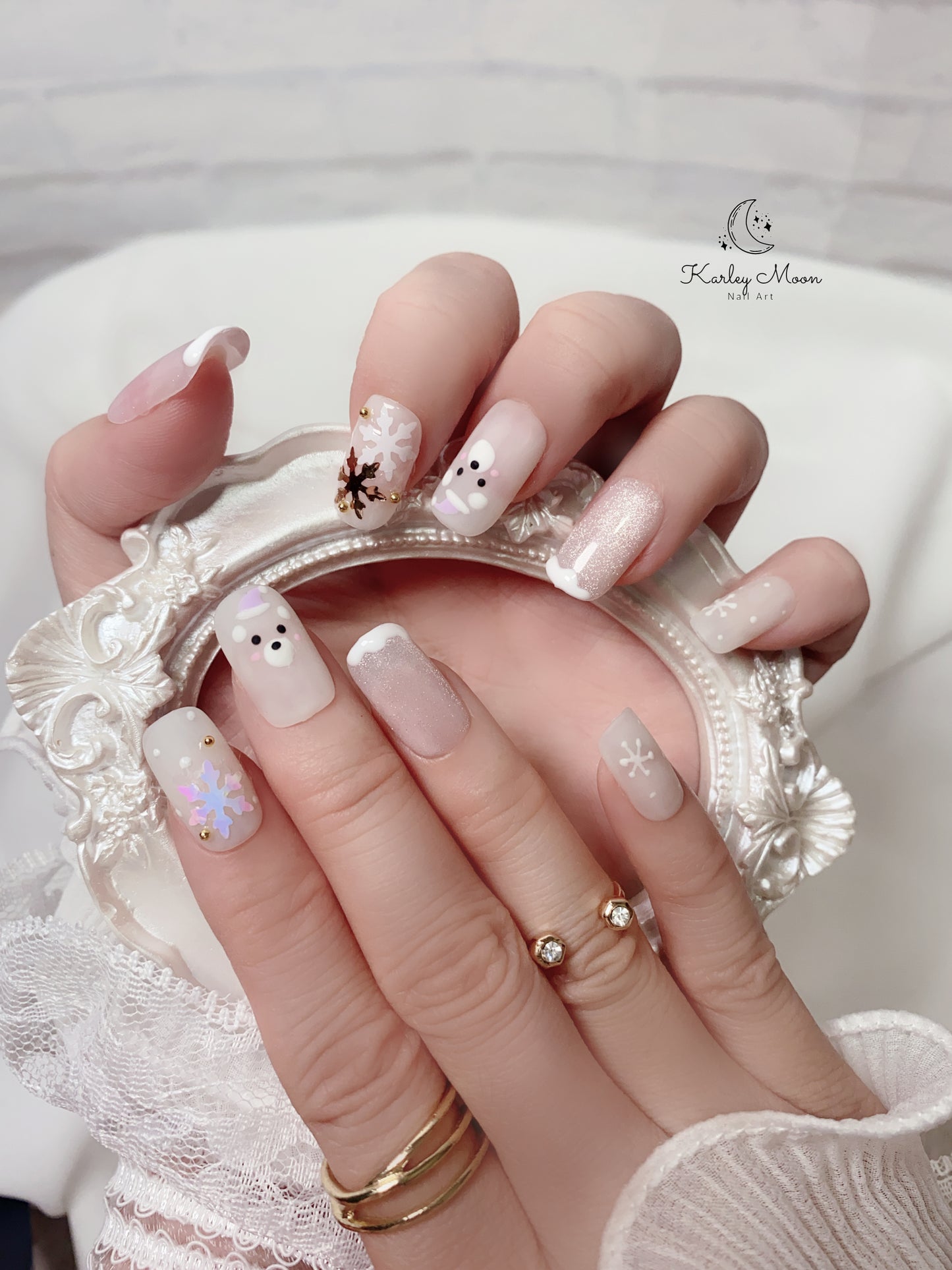 Holiday Jelly White Snowflake Bear Winter Press On Nails - KarleyMoonNail