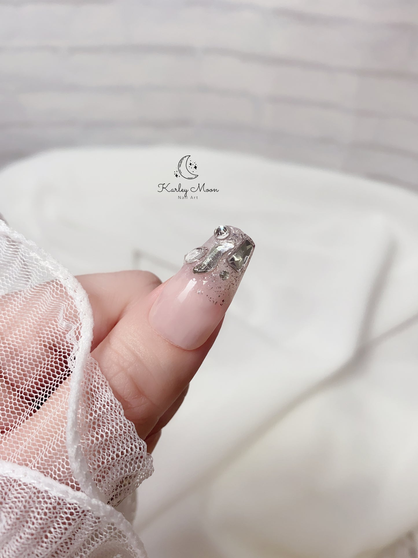 Glitter Nude Color Rhinestone Crystal Press On Nails - KarleyMoonNail