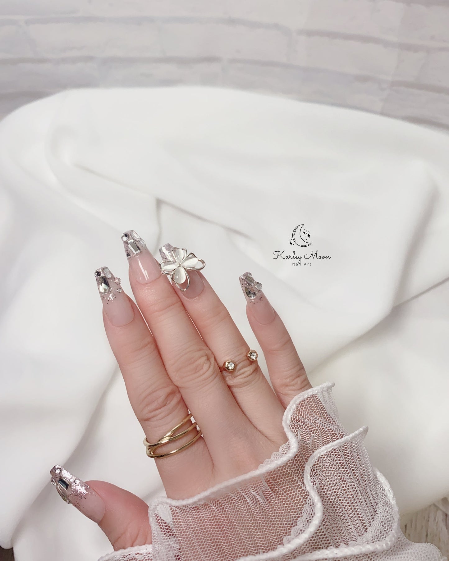 Glitter Nude Color Rhinestone Crystal Press On Nails - KarleyMoonNail