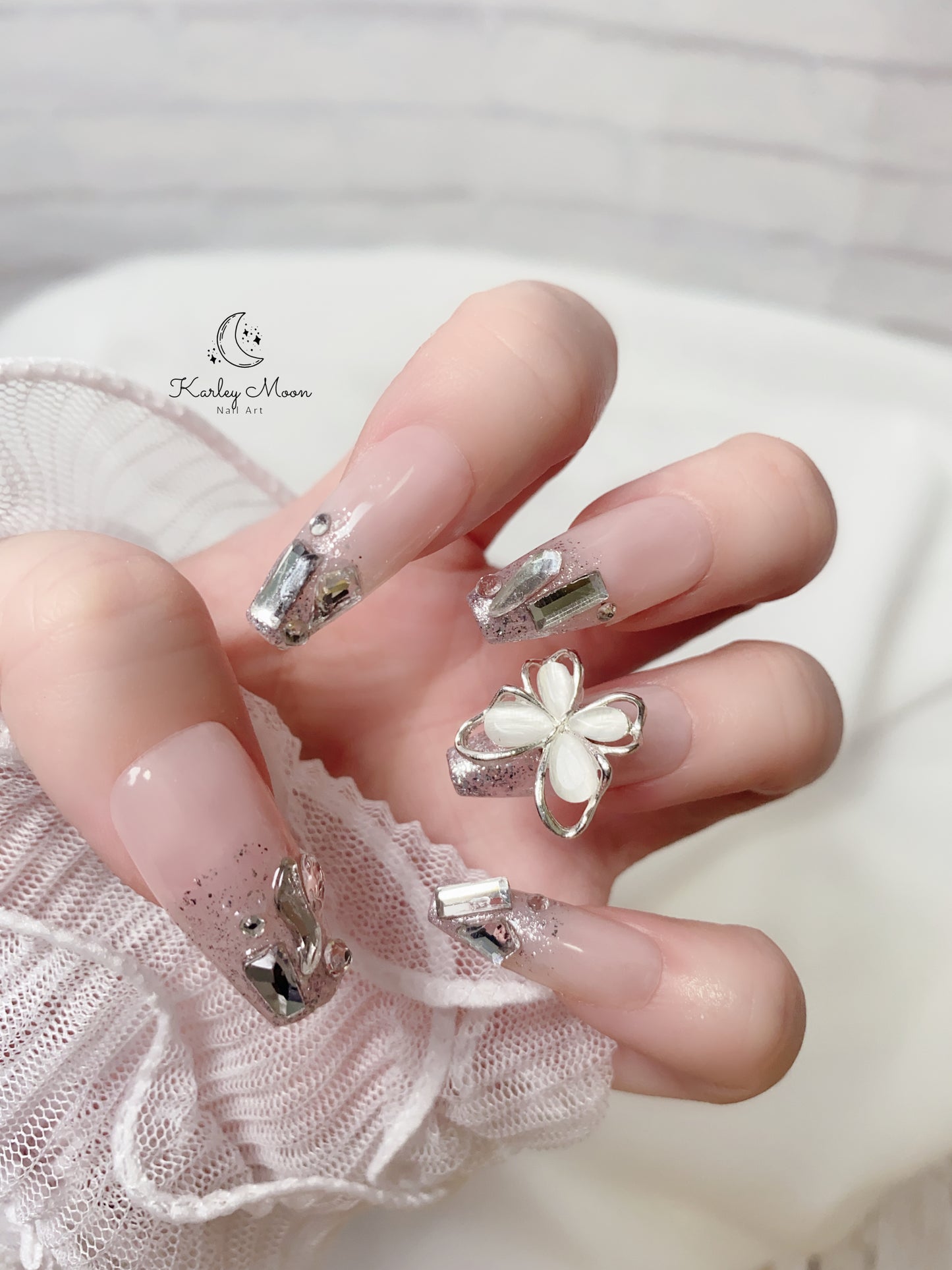 Glitter Nude Color Rhinestone Crystal Press On Nails - KarleyMoonNail