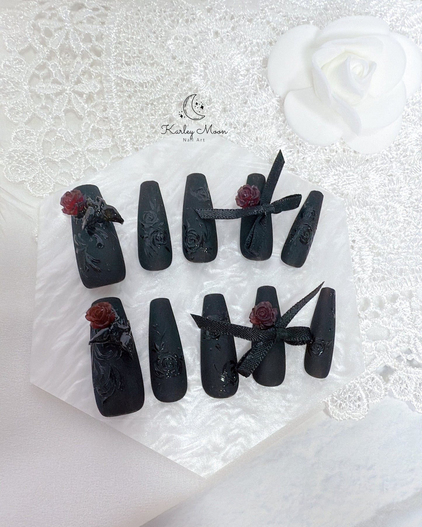 Matte Black Rose Butterfly Elegant Press On Nails - KarleyMoonNail