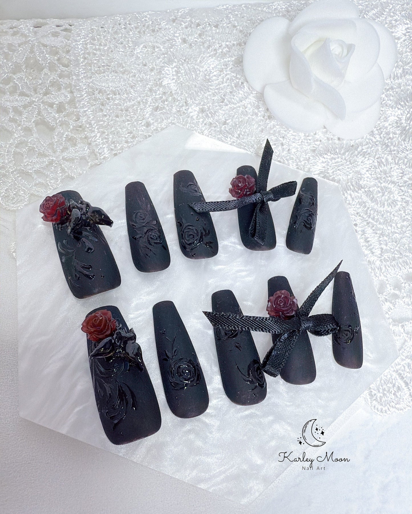 Matte Black Rose Butterfly Elegant Press On Nails - KarleyMoonNail