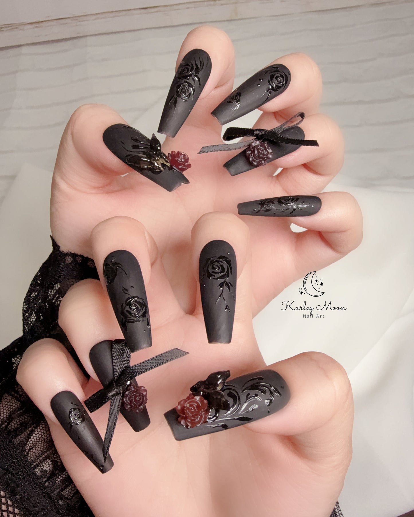 Matte Black Rose Butterfly Elegant Press On Nails - KarleyMoonNail