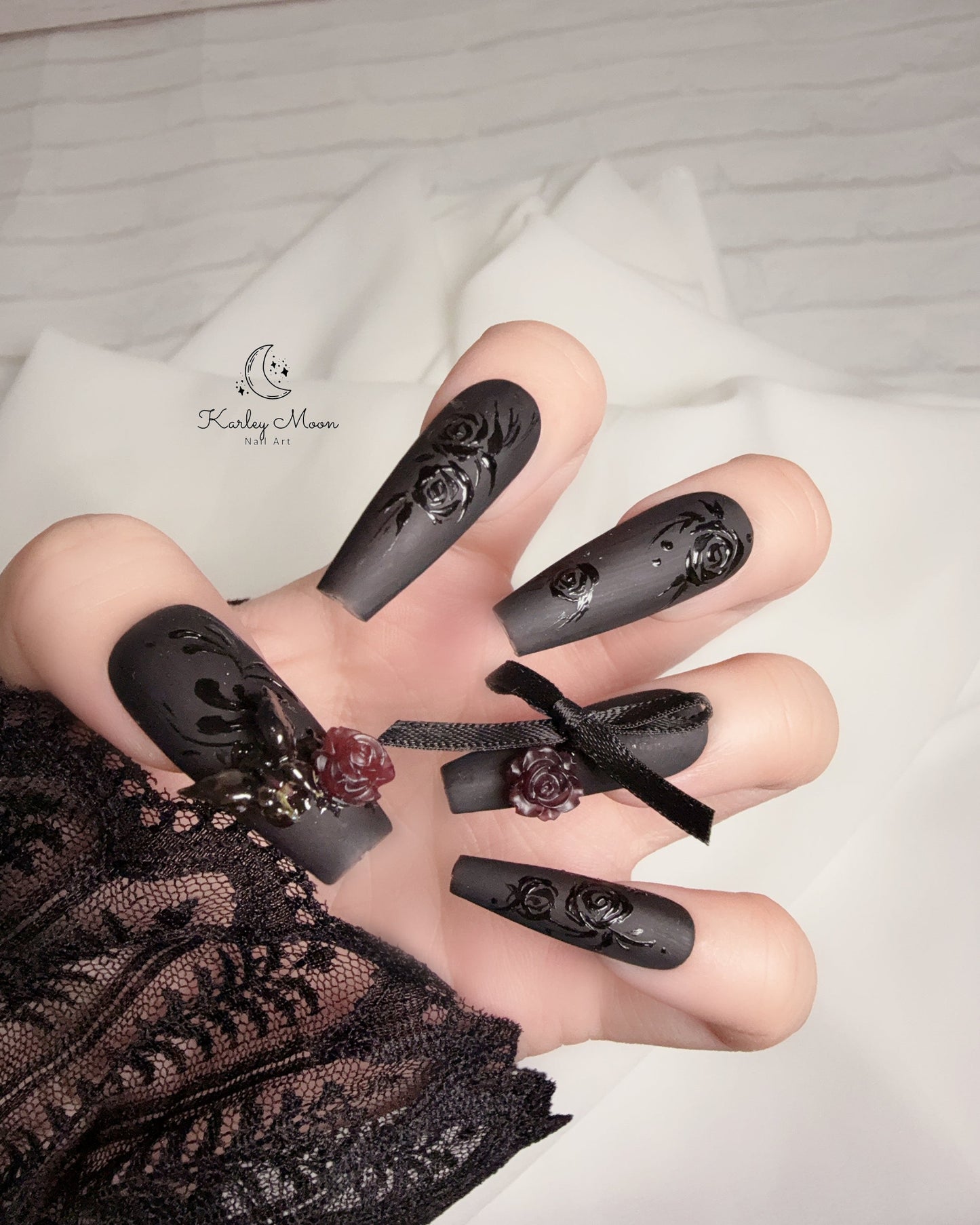 Matte Black Rose Butterfly Elegant Press On Nails - KarleyMoonNail