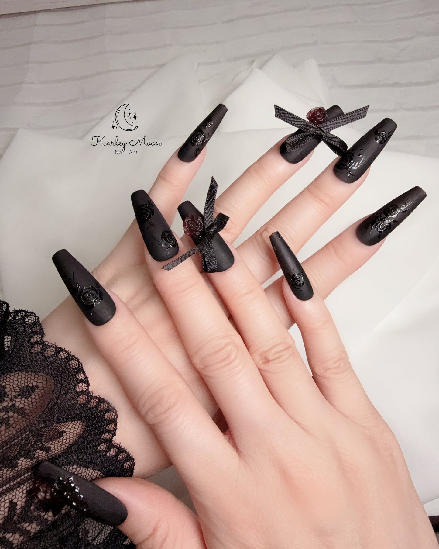 Matte Black Rose Butterfly Elegant Press On Nails - KarleyMoonNail