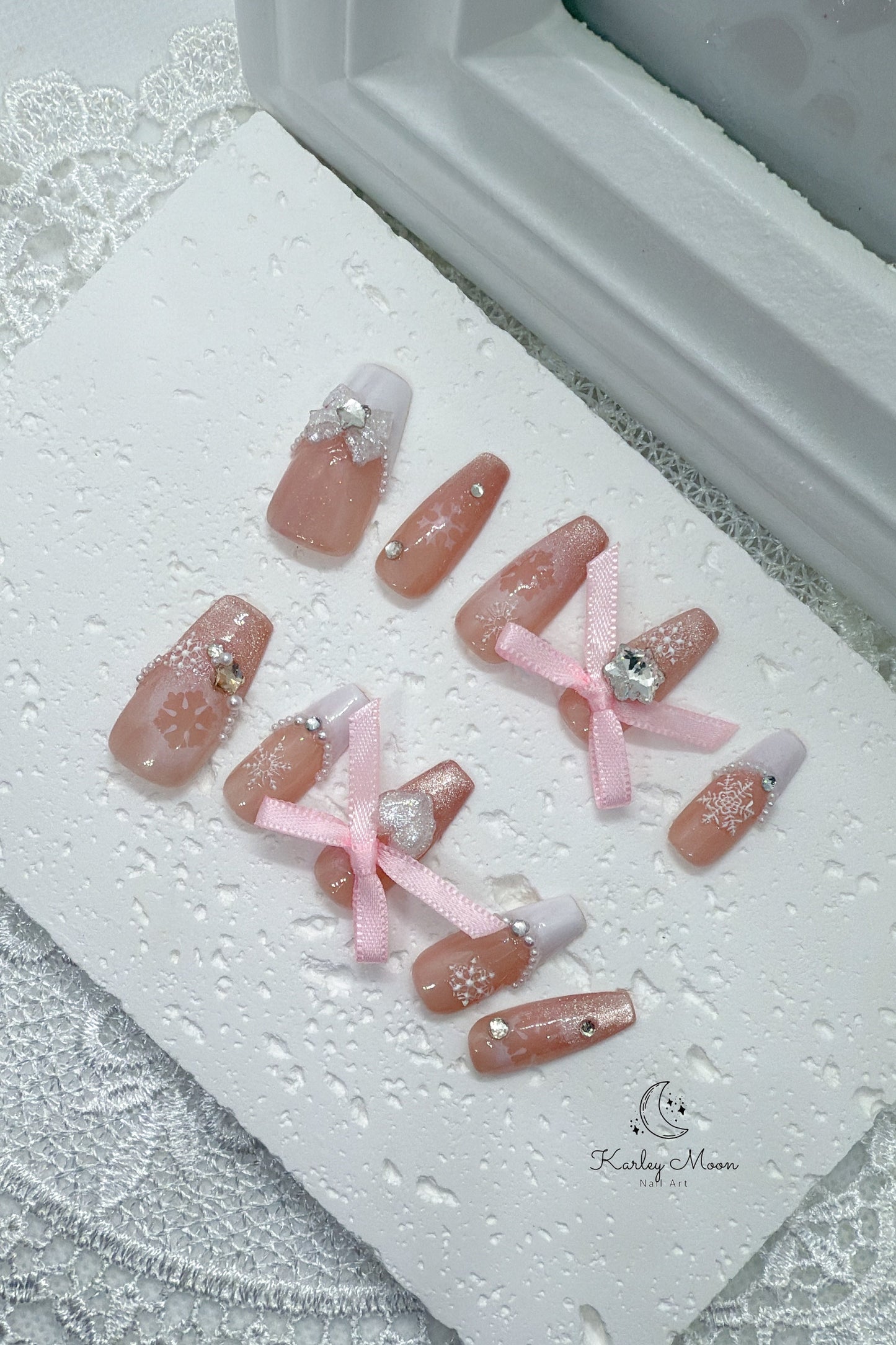 Nude Pink Snow Sparkling Ribbon Bow Press On Nails - KarleyMoonNail
