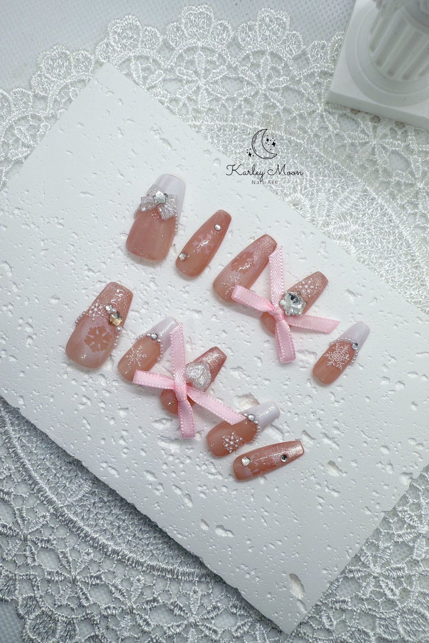 Nude Pink Snow Sparkling Ribbon Bow Press On Nails - KarleyMoonNail