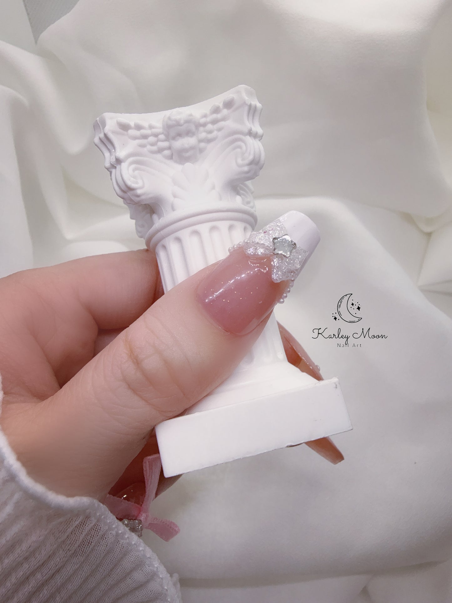 Nude Pink Snow Sparkling Ribbon Bow Press On Nails - KarleyMoonNail