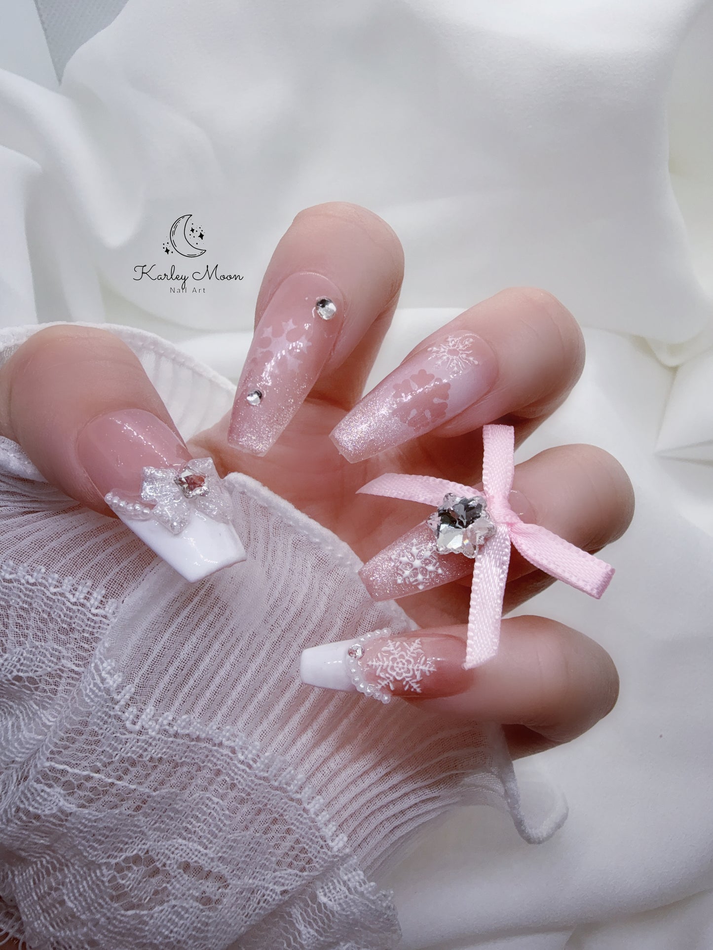Nude Pink Snow Sparkling Ribbon Bow Press On Nails - KarleyMoonNail