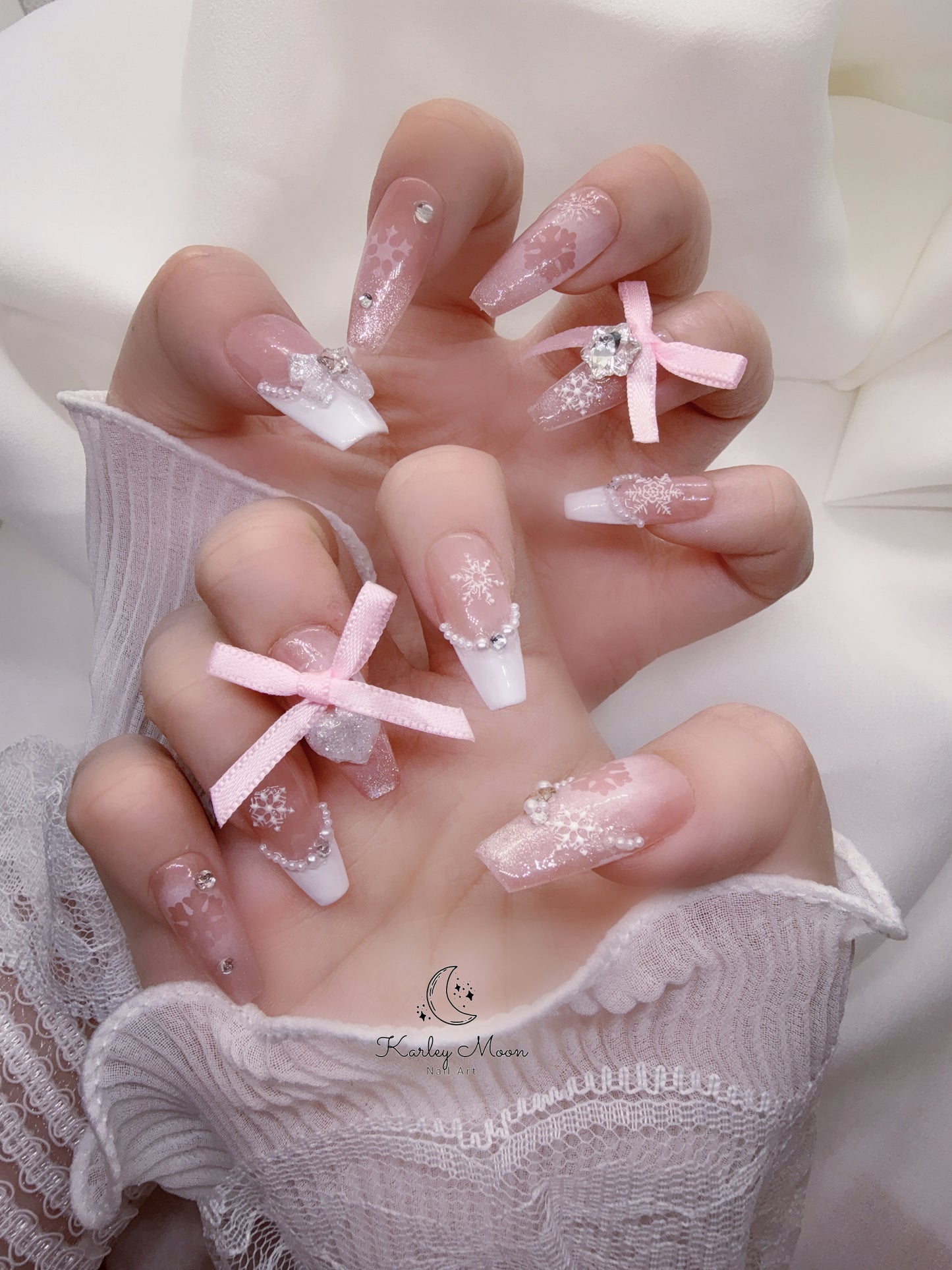 Nude Pink Snow Sparkling Ribbon Bow Press On Nails - KarleyMoonNail