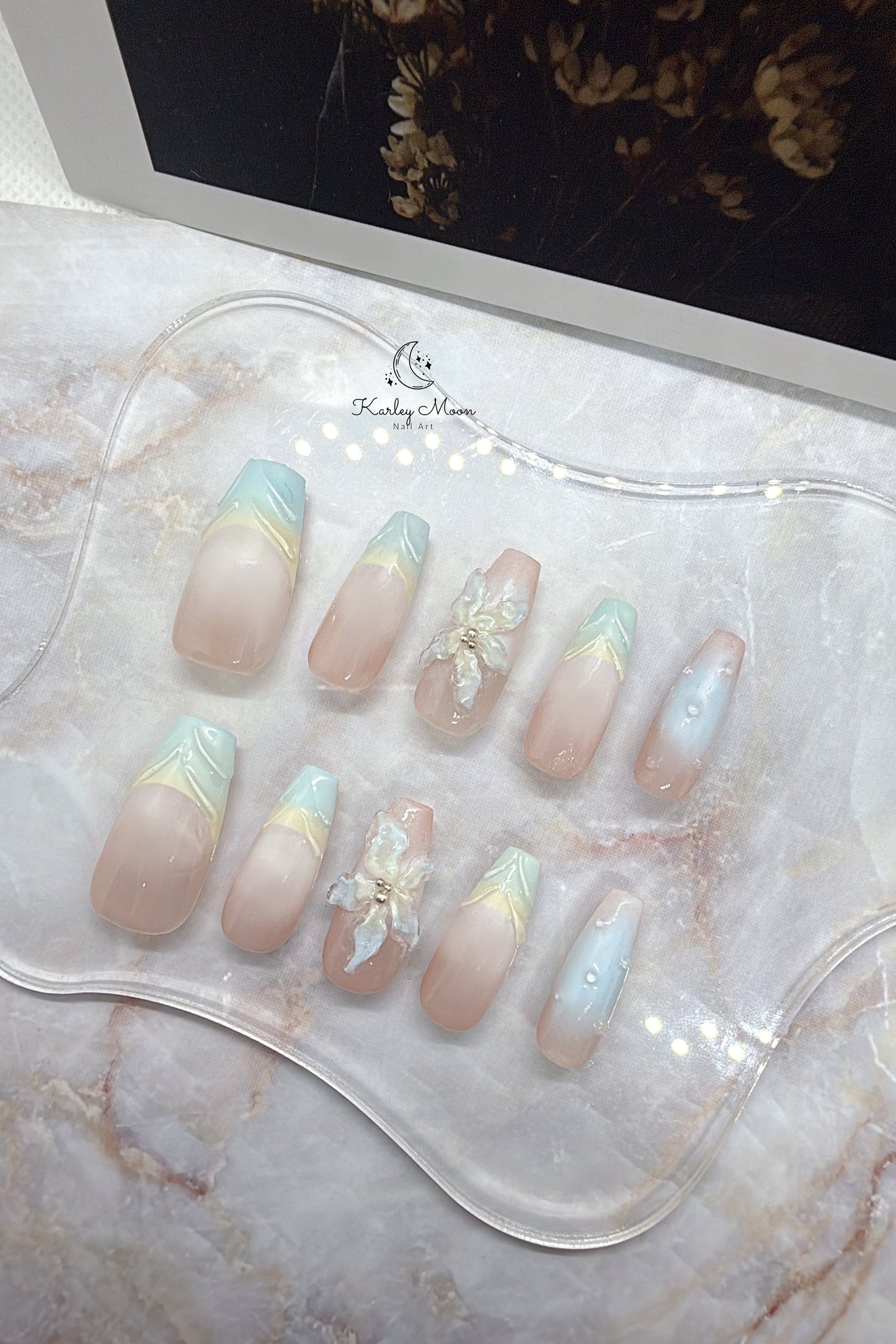 3D Summer Flower Blue Nude Color Press On Nails - KarleyMoonNail