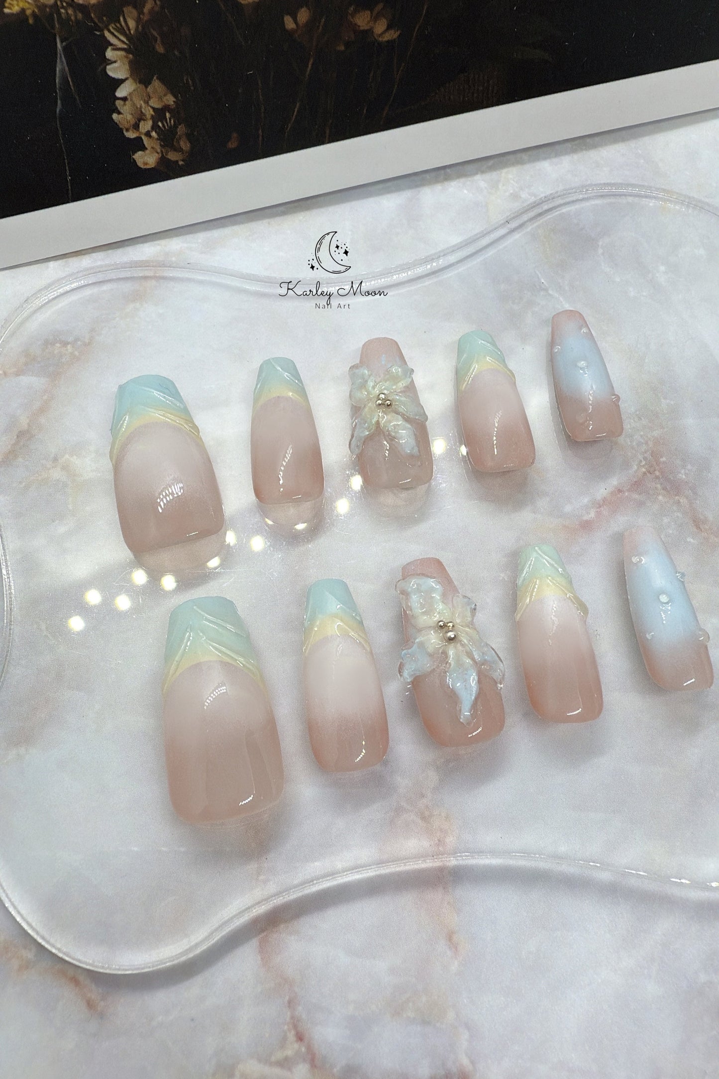 3D Summer Flower Blue Nude Color Press On Nails - KarleyMoonNail