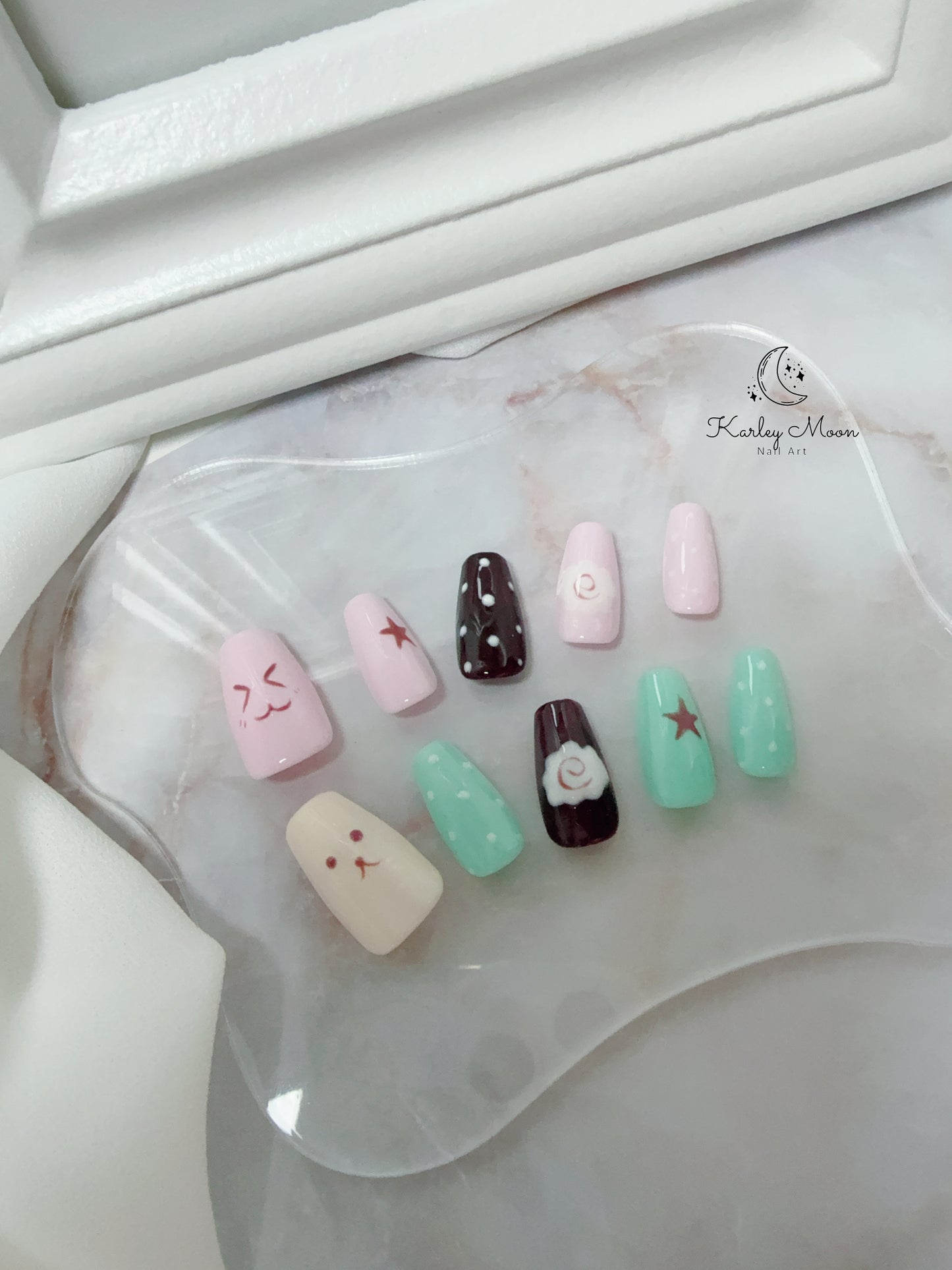 Cute Pink and Green Jelly Cartoon Simple Press On Nails