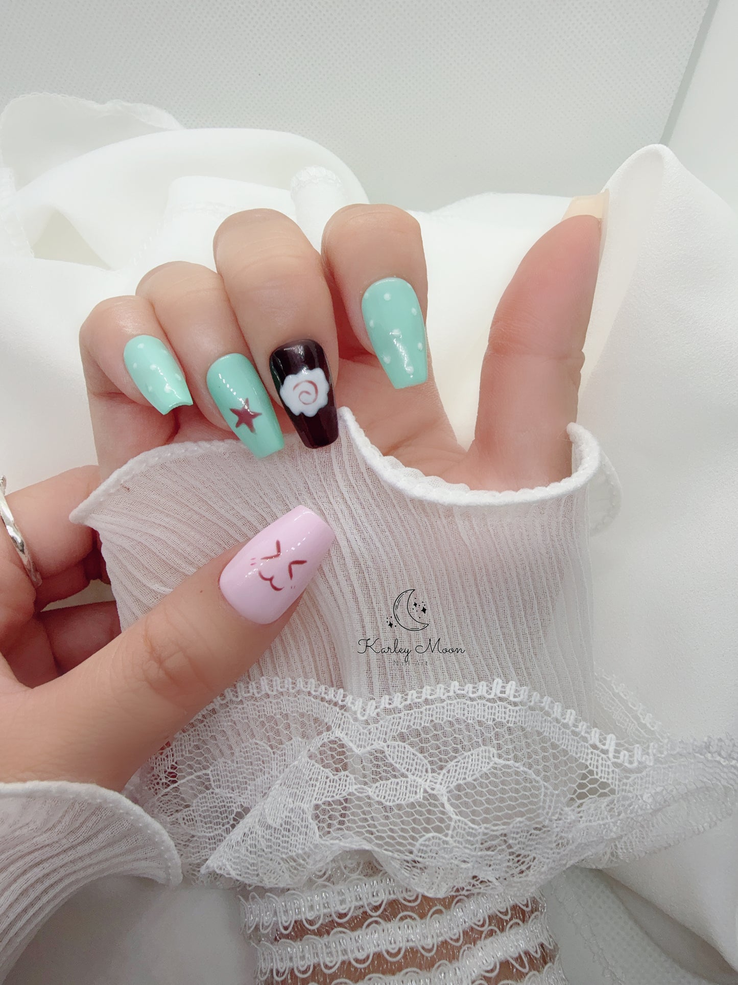 Cute Pink and Green Jelly Cartoon Simple Press On Nails