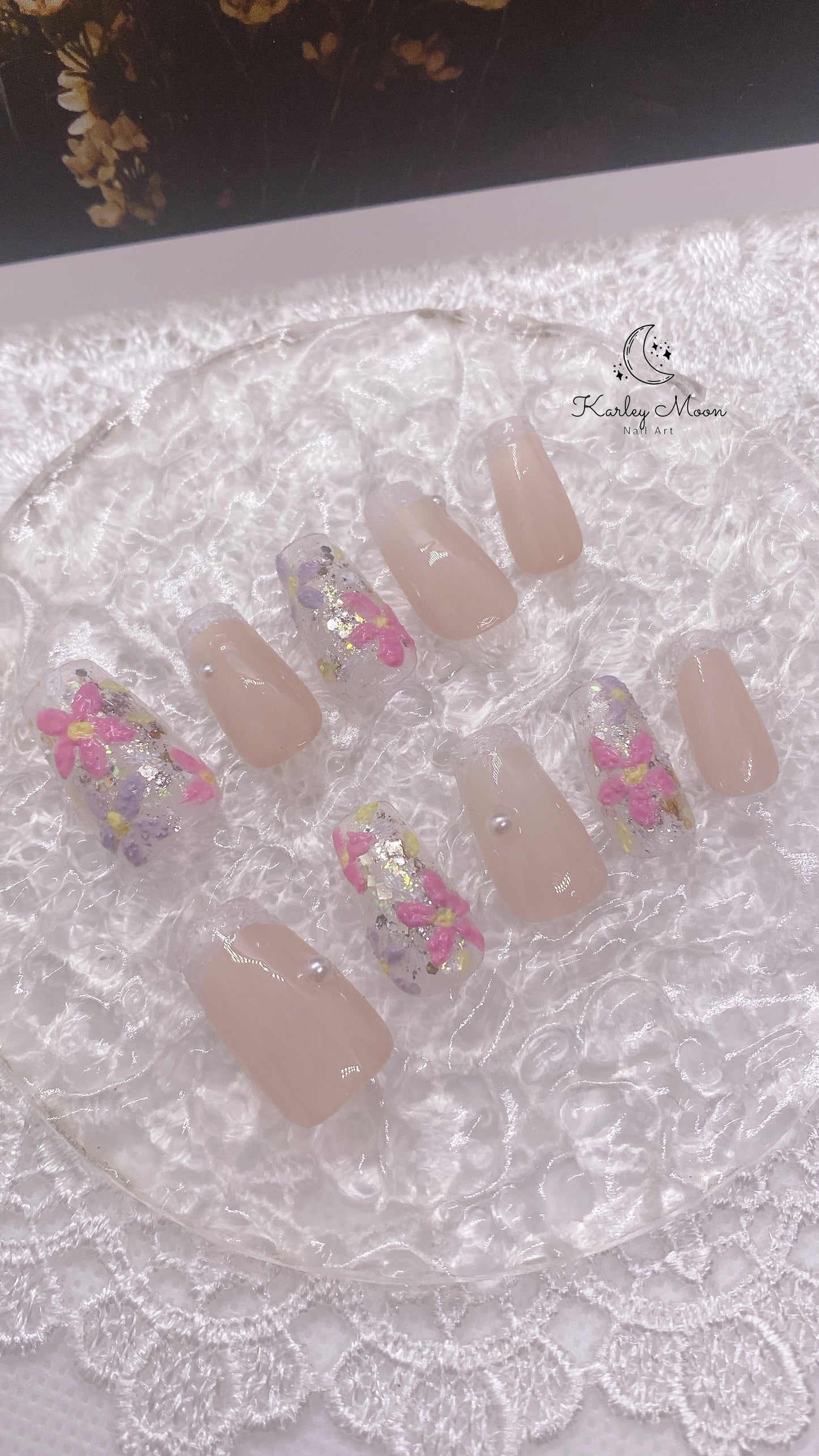 Spring Colorful 3D Flower Nude Press On Nails - KarleyMoonNail