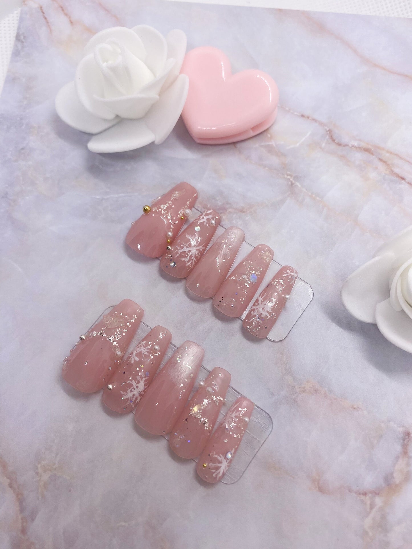 Elegant Cute Nude Pink SnowFlake Press On Nails - KarleyMoonNail