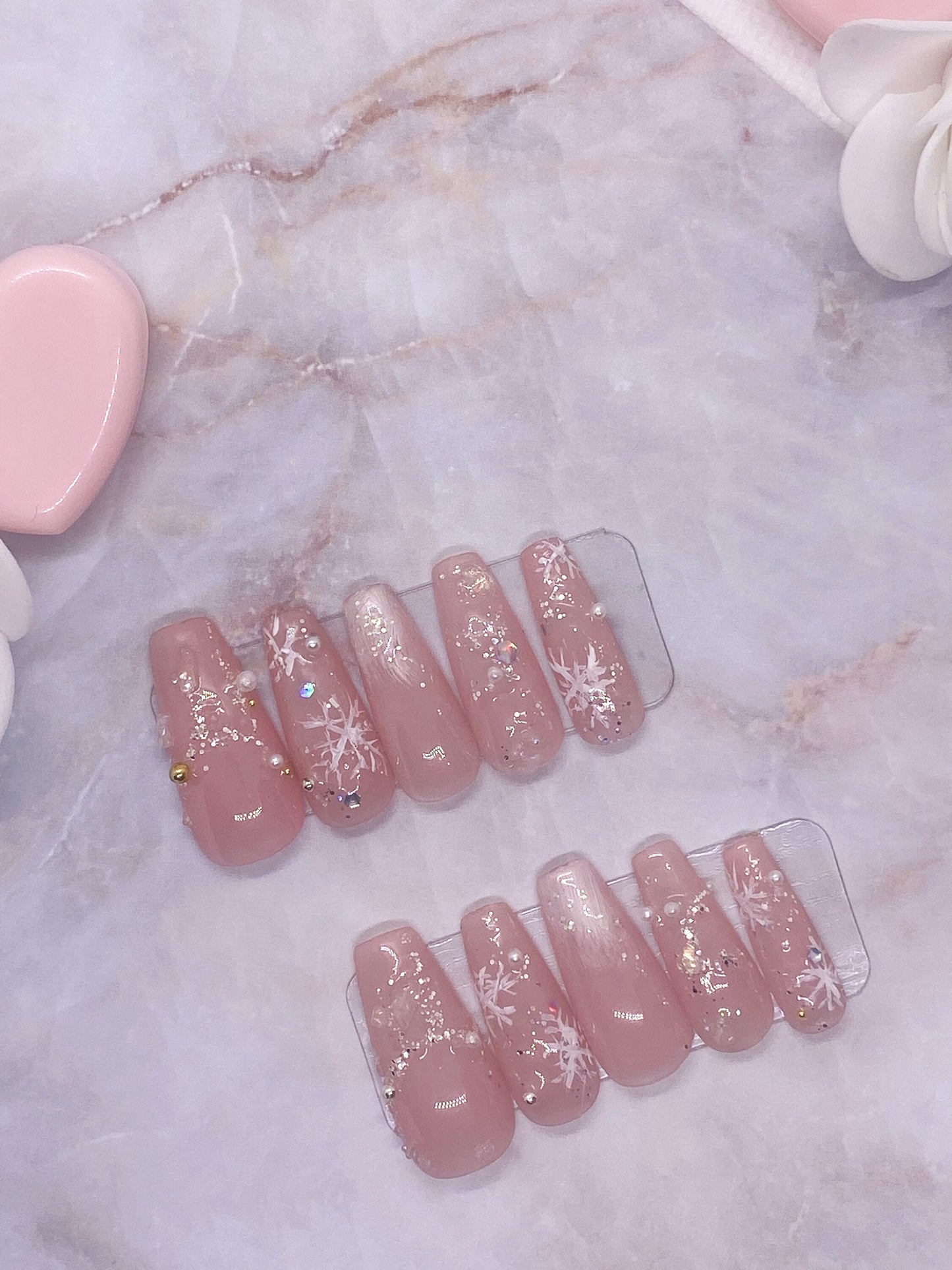 Elegant Cute Nude Pink SnowFlake Press On Nails - KarleyMoonNail
