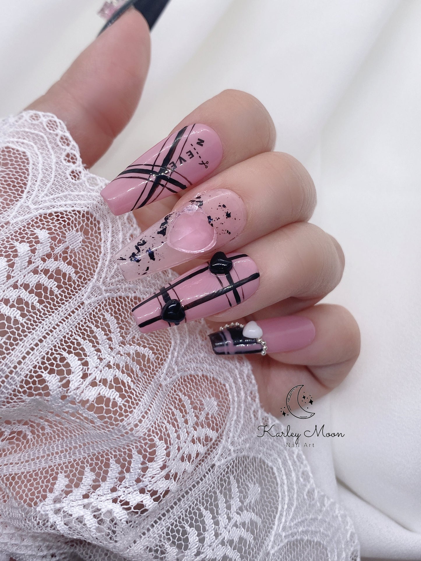 Gothic Black Barbie Pink Heart Cool Girl Press On Nails - KarleyMoonNail