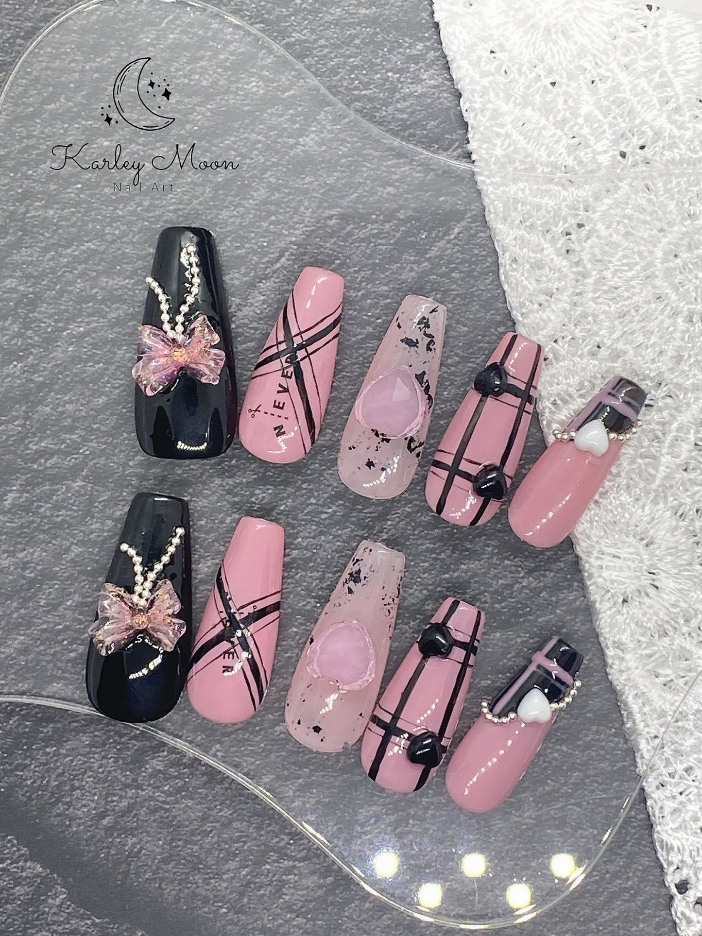 Gothic Black Barbie Pink Heart Cool Girl Press On Nails - KarleyMoonNail