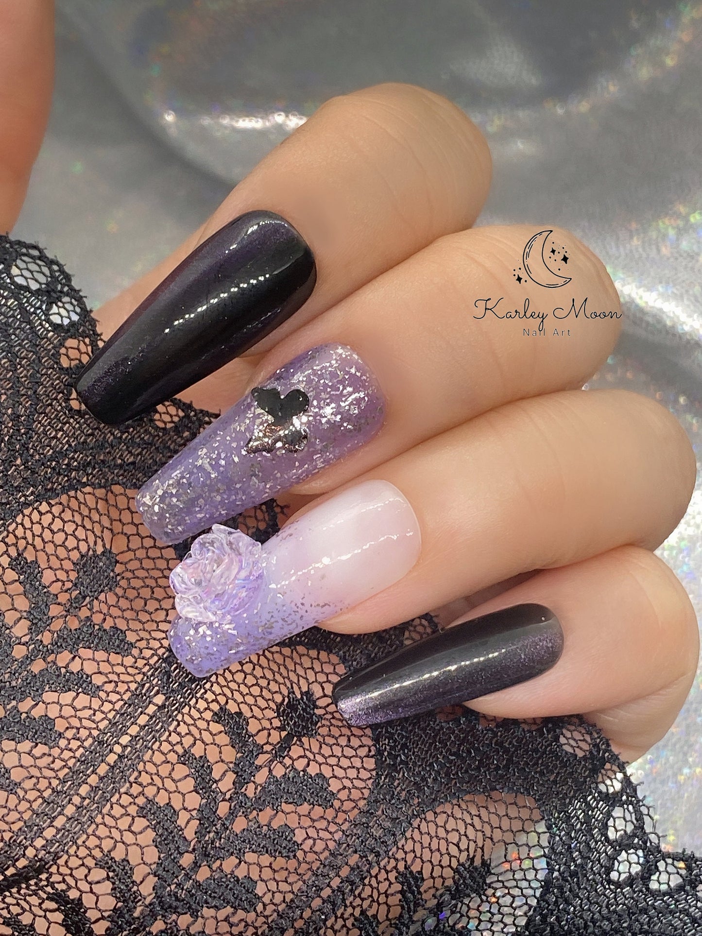 Gothic Black and Purple Galaxy Glitter Press On Nails - KarleyMoonNail