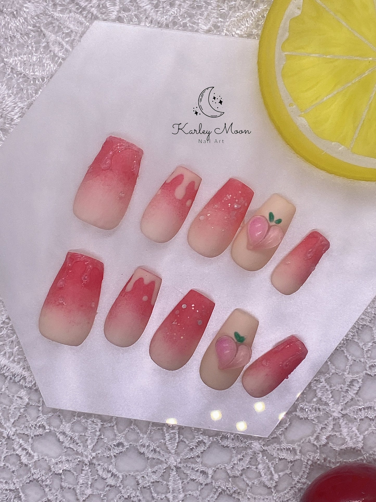 Kawaii Juicy Pink 3D Peach Summer Press On Nails - KarleyMoonNail