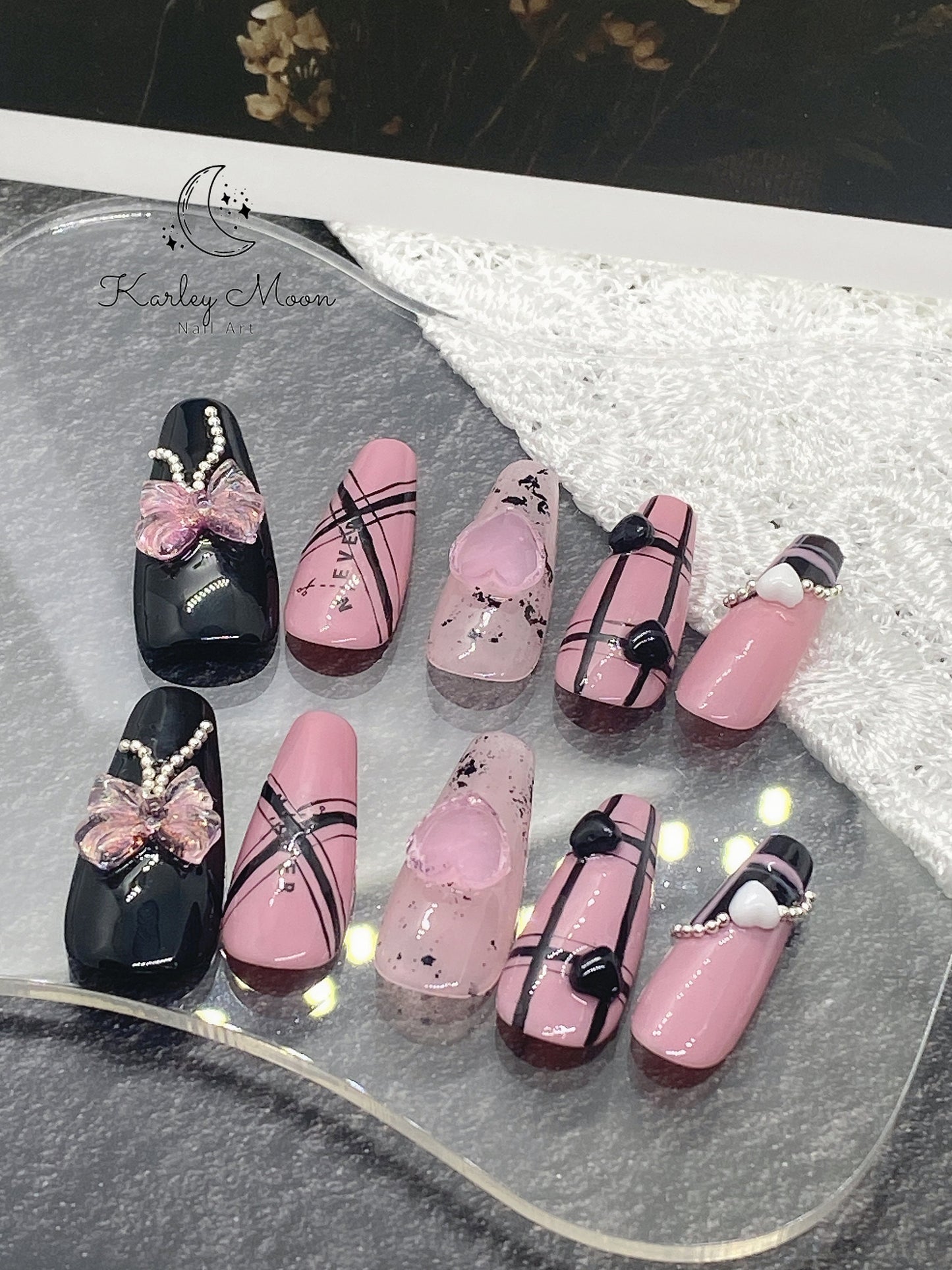 Gothic Black Barbie Pink Heart Cool Girl Press On Nails - KarleyMoonNail