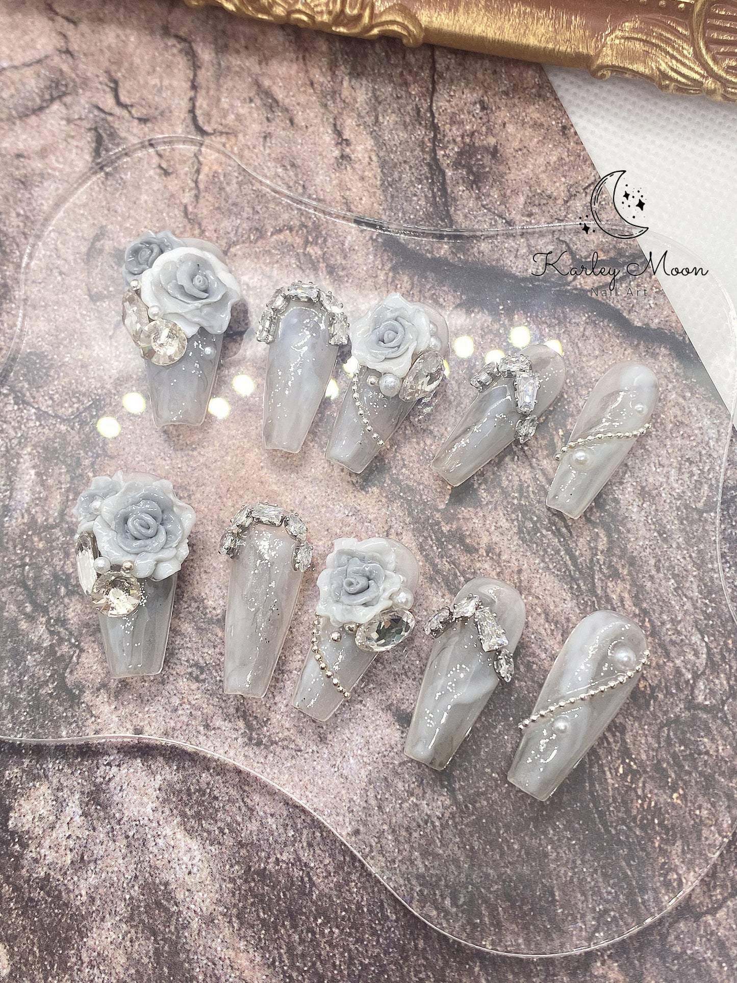 Luxury Fancy Flower Rhinestones Press On Nails - KarleyMoonNail