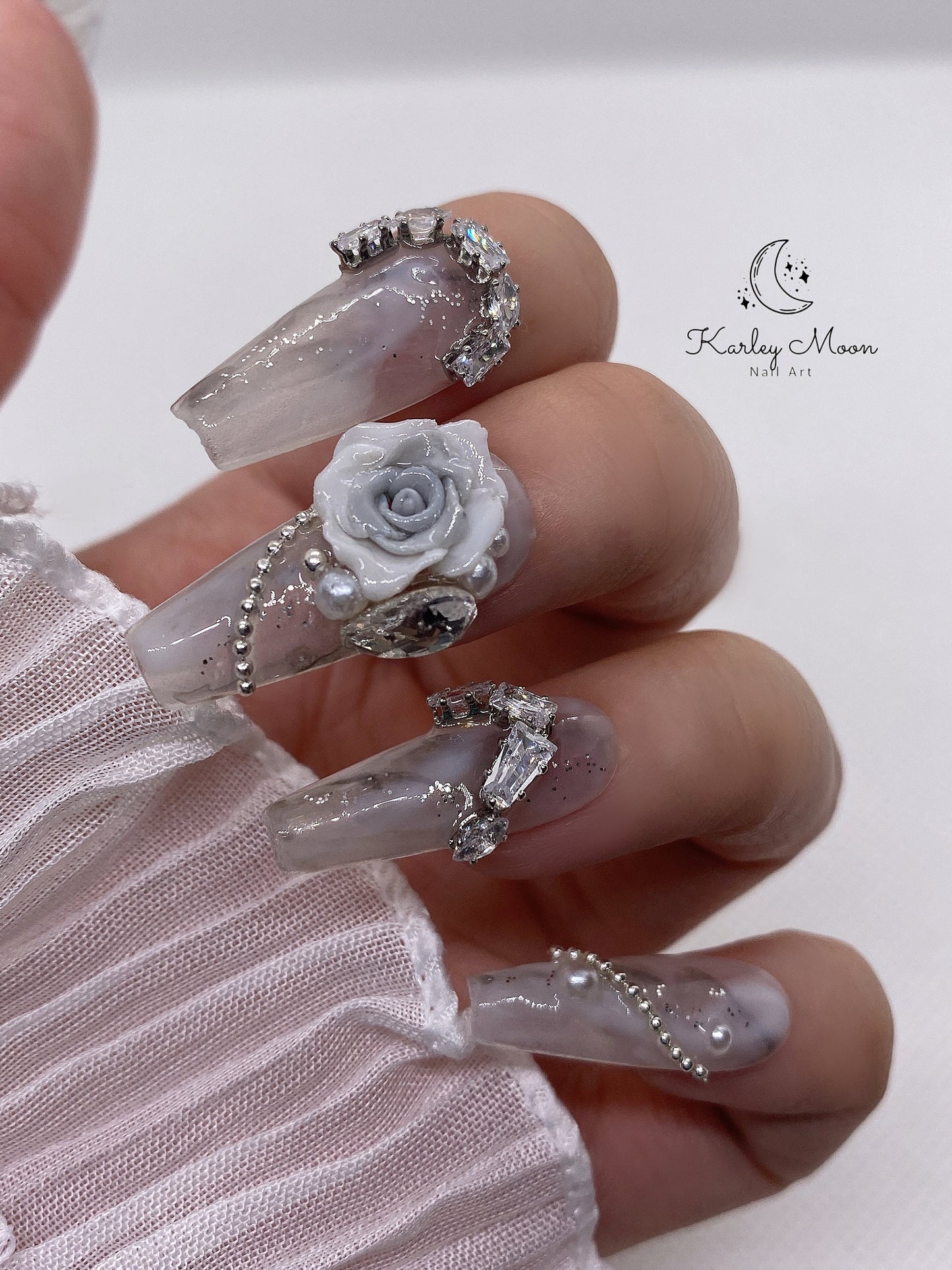 Luxury Fancy Flower Rhinestones Press On Nails - KarleyMoonNail