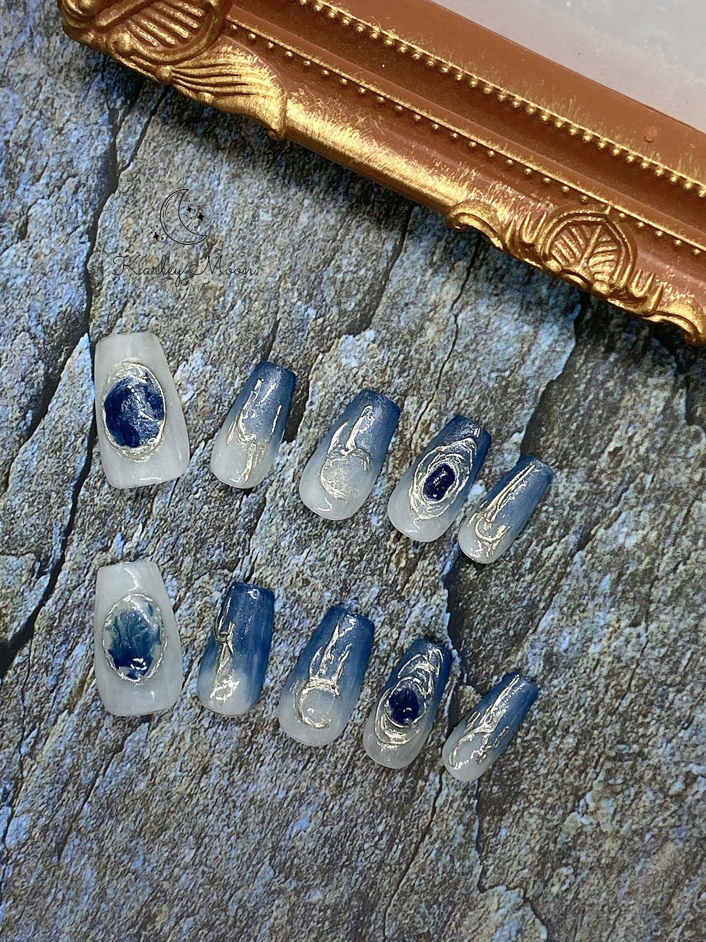 Summer Nails Watercolor Blue Galaxy Glitter Stone Press On Nails - KarleyMoonNail