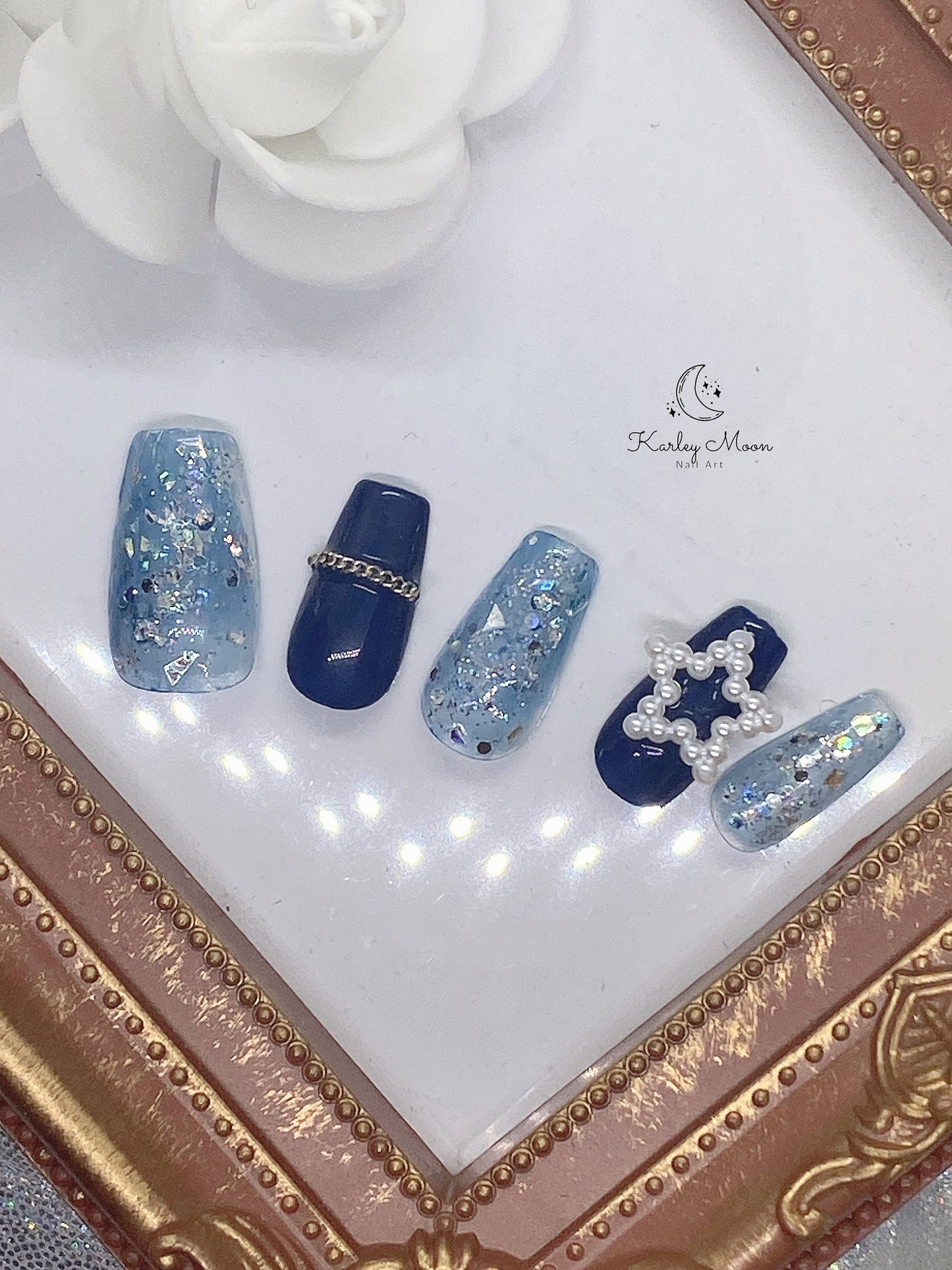 Dark Blue Star Glitter Winter Press On Nails - KarleyMoonNail