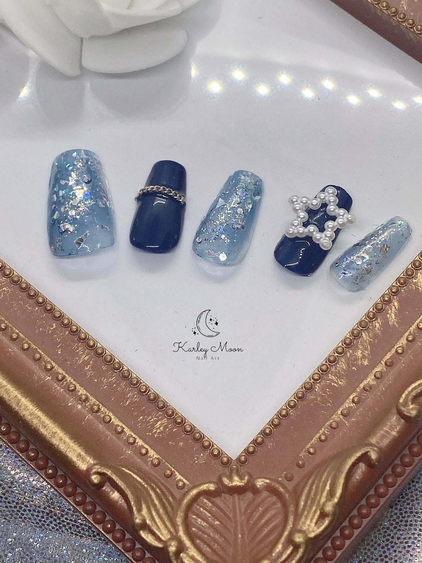Dark Blue Star Glitter Winter Press On Nails - KarleyMoonNail