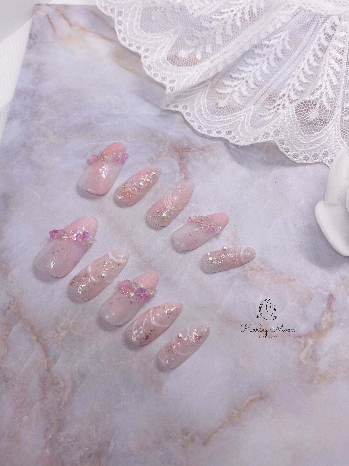 Light Pink Glitter Crystal Stones Press on Nails Hand Painted Nails - KarleyMoonNail